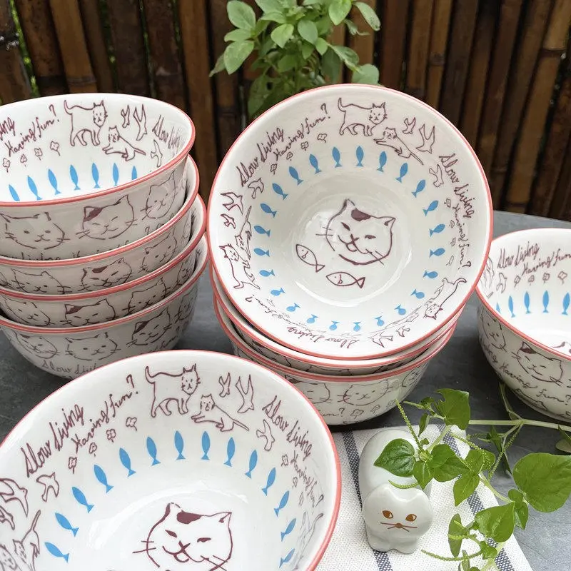 1/2PCS Cute Cat Design Rice Bowl, Sweet Dessert Bowl, Funny Cat Face Ceramic Bowl, Softie Adorable Oatmeal Bowl, Yogurt Bowl, Japanese Style
