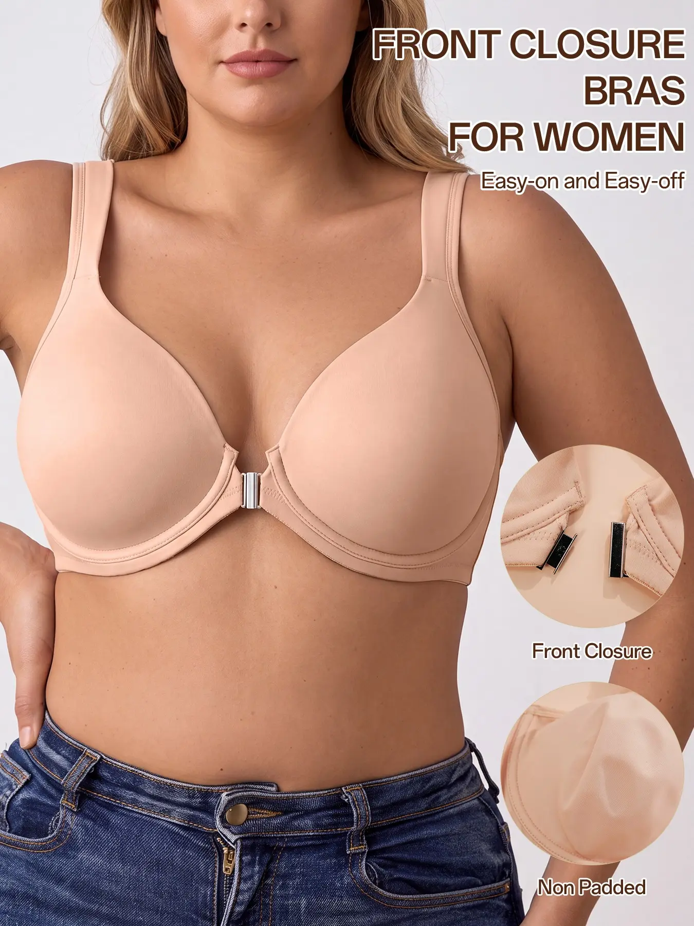 Plus Size Front Buckle Bra, Unlined Mesh Back Breathable Comfortable Support Lingerie, Full Coverage Fitted for Daily Wear