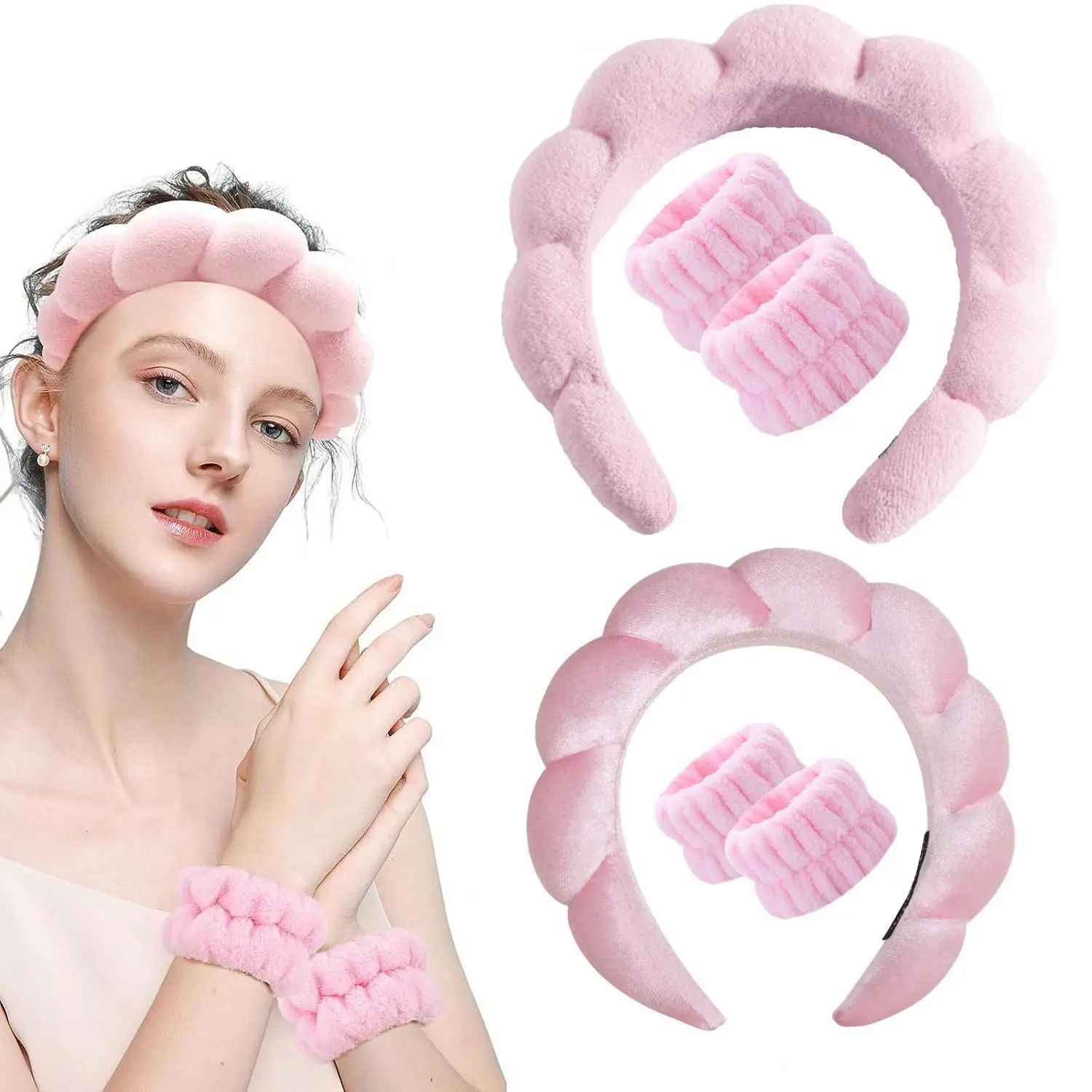 Fluffy Elastic Spa Headband for Women, Cute Bubble Cloud Padded Coral Fleece Hair Wrap for Skincare & Loungewear, Fashion Headbands, Thick Headbands