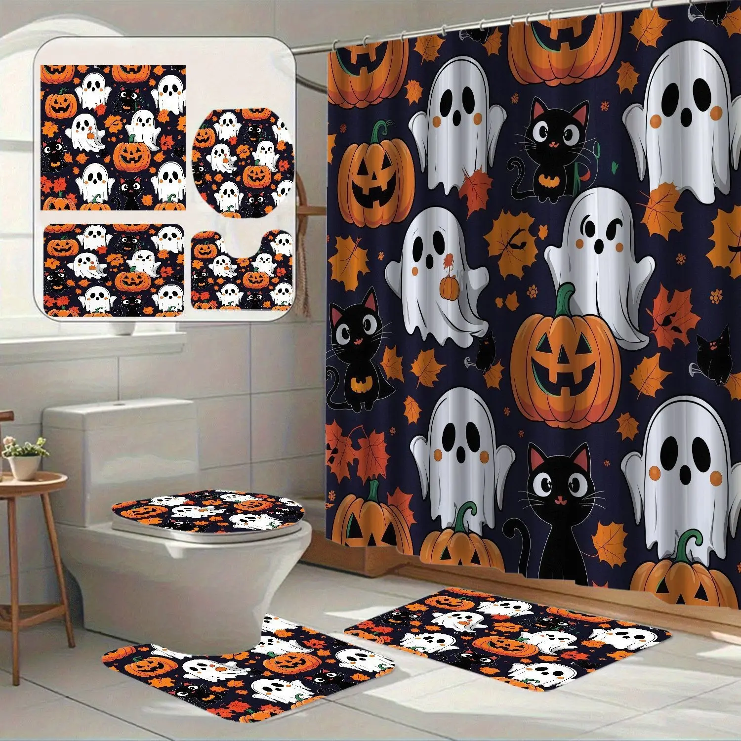 Halloween Pumpkin Cat Maple Leaf Bath Curtain Set, Shower Curtain Set for Bathroom, Waterproof Polyester, Easy Clean, Bathroom Decor, Fall Home Use