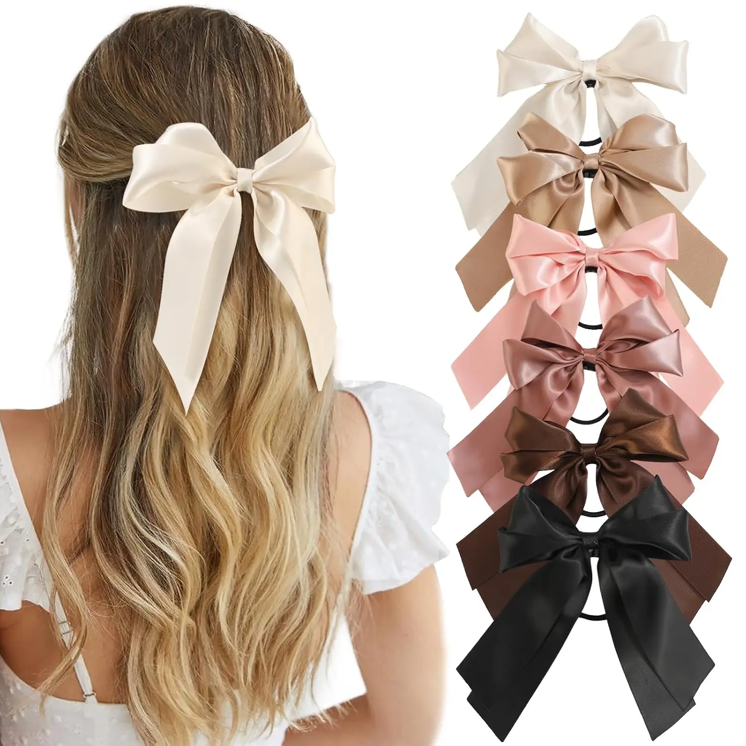 6 count Bow Hair Ties, Satin Hair Ribbon, Ribbon Hair Bows for Women Girls, Elastics Hair Scrunchies for Thick Thin Hair, Bows Hair Accessories with Long Tail, Black