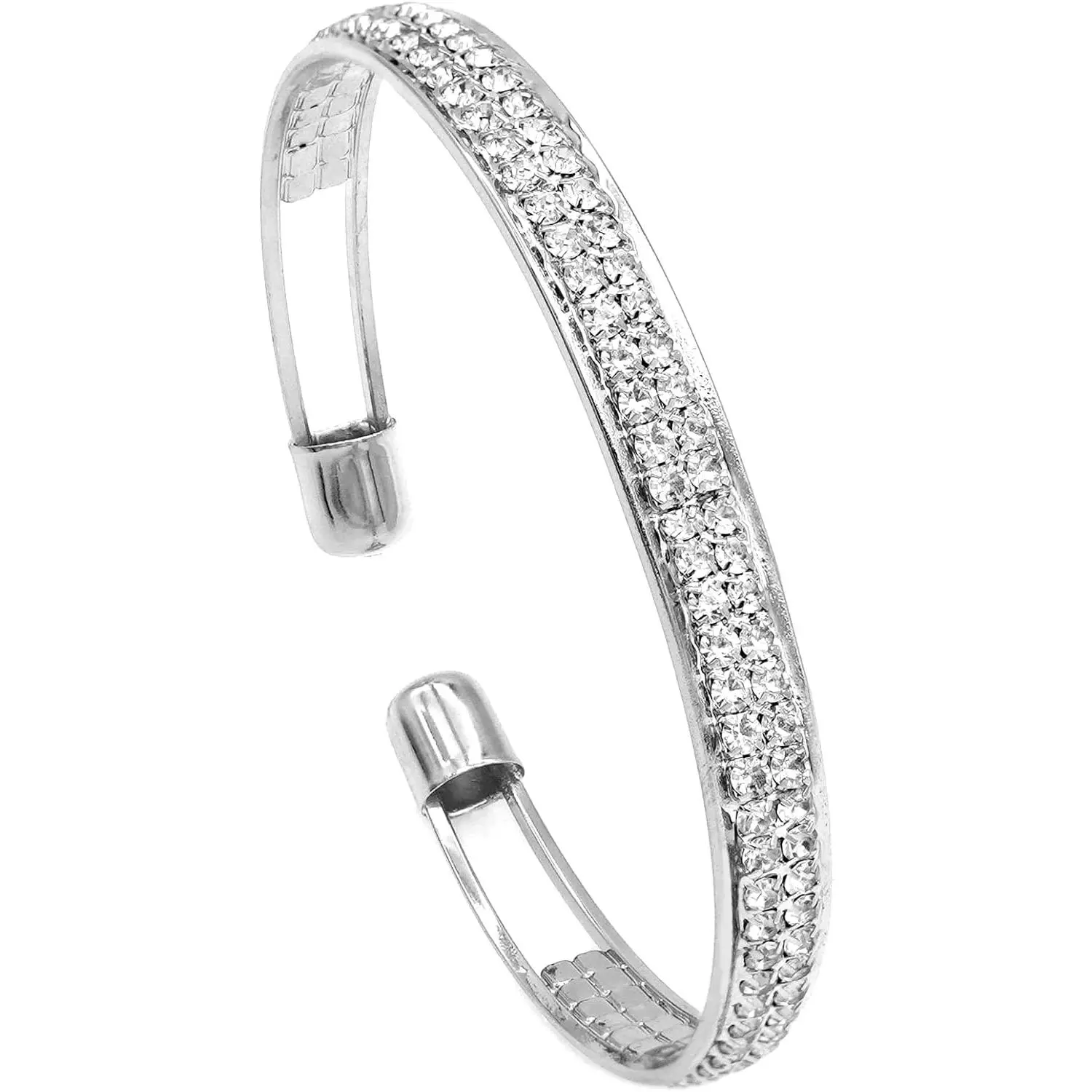 Women's Elegant Tennis Cuff - Adjustable Open-End Slide Bangle, Crafted from Rhinestones & Glossy Baguette Crystals, Female Bendy Fashion Statement Accessory for Wedding Prom Costume, Baguette Stones