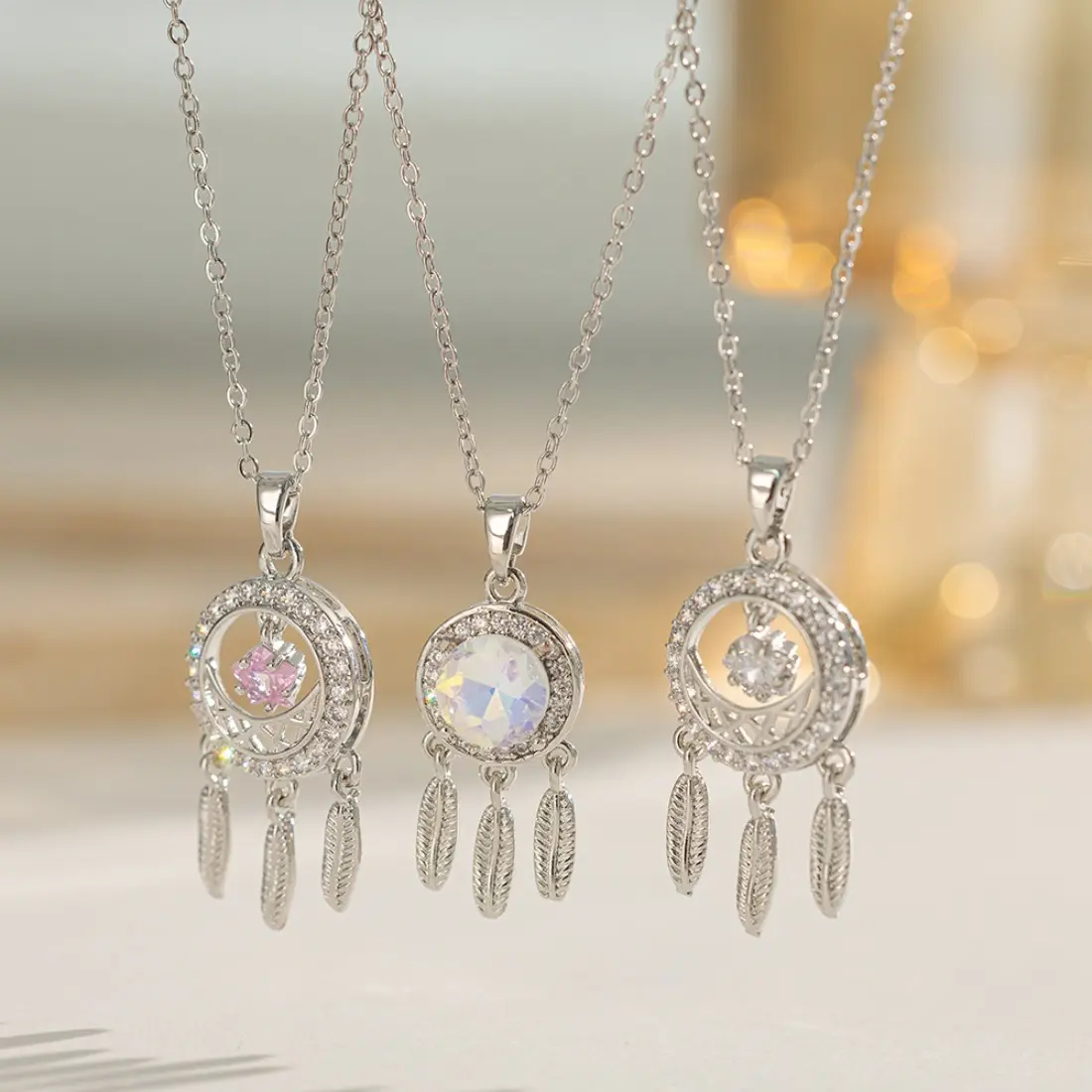 Dream Catcher Necklace for Women, Titanium Steel Pendant Necklace with Boho Feather Charm Design, Elegant Aesthetic Fashion Jewelry, Unique Layering Chain Necklace with Sparkly Detail, Trendy Accessory for Daily Wear, Festival, Vacation & Gift for Her