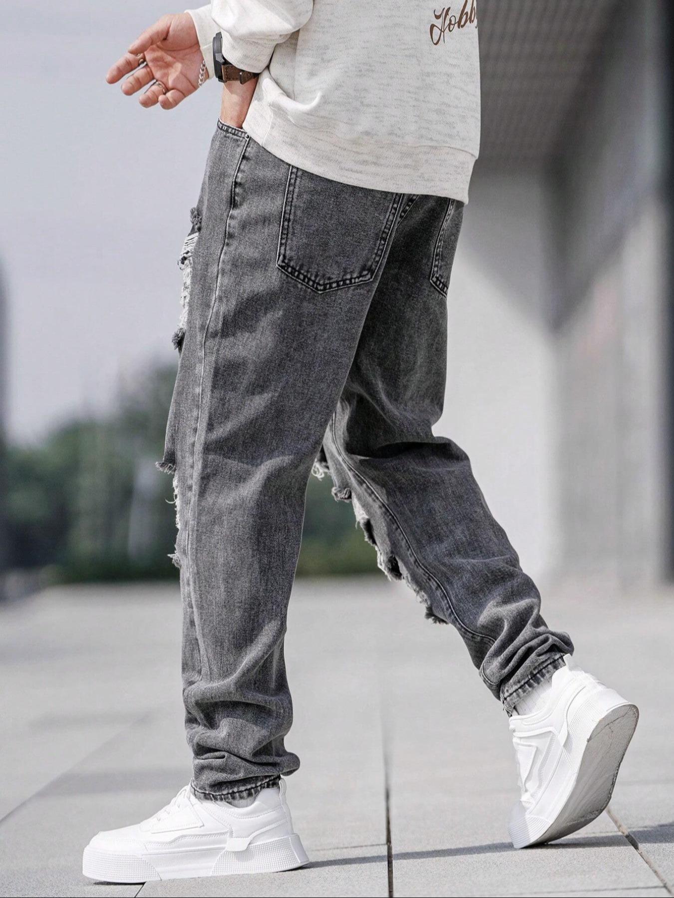 Men's Solid Color Distressed Ripped Stacked Jeans, Streetwear Casual Comfy Grey Denim Pants for Daily Wear, Mens Bottoms for All Seasons, Cotton, Slouchy Jeans