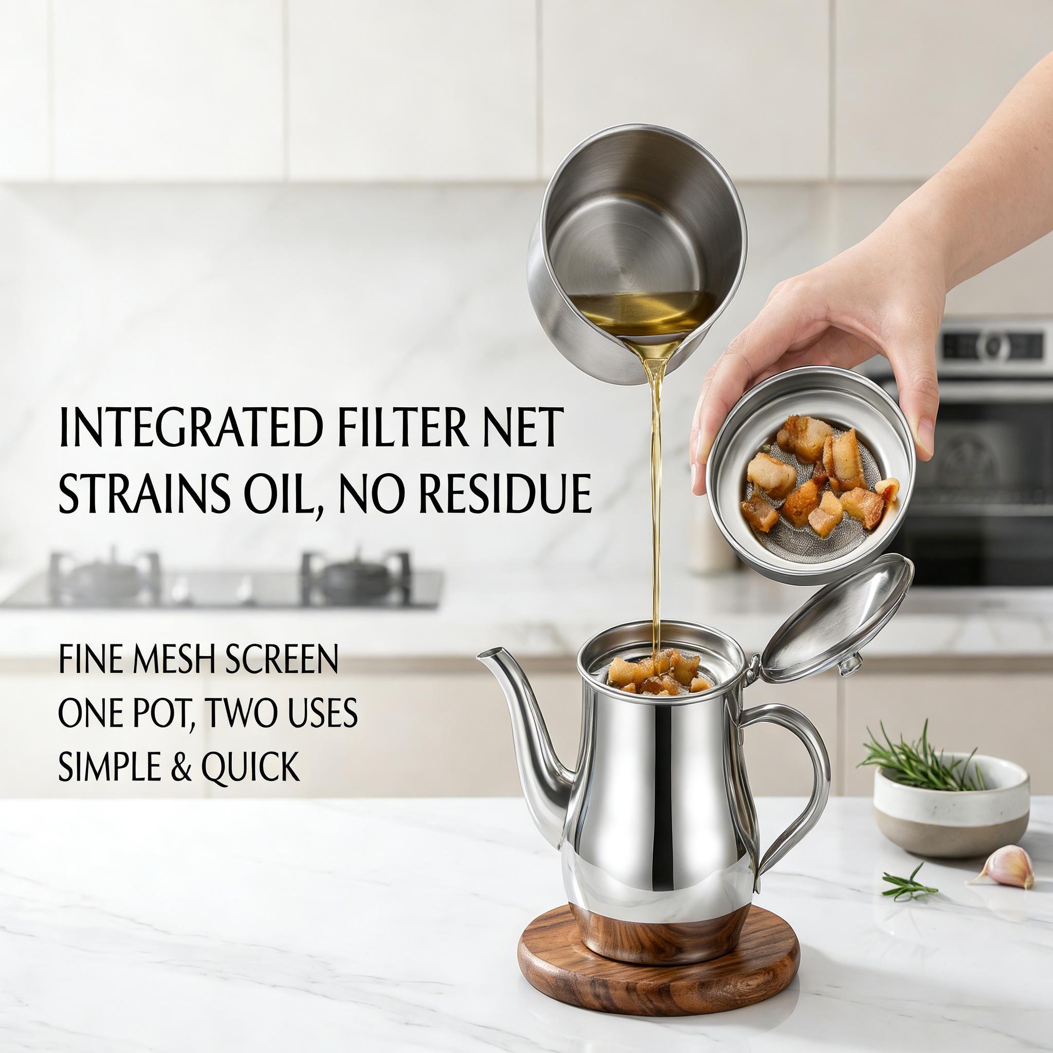 24oz & 32oz stainless steel oil storage pots come with filters, serving as multi-purpose oil separators. Non-stick and easy to clean, ideal for storing frying oil and cooking grease.
