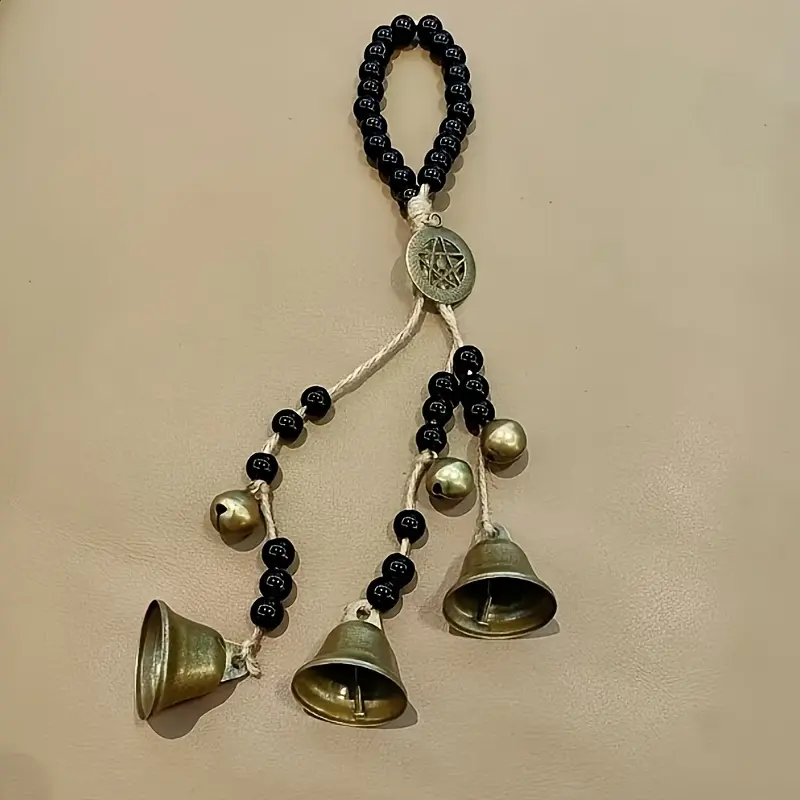 Pentagram Witch Bells Door Hanger, Vintage Bronze Wind Chime with Black Beads, Protective Witch Bell Charm for Door Knob, Boho Spiritual Hanging Decor for Home, Witchcraft, Halloween Altar & Meditation Space