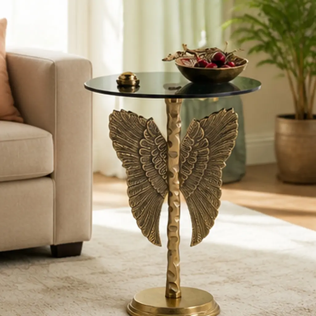 ARCH 15.5x15.5x24" Round Top Accent Side Table with Gold Angel Wing Design, Aluminum and Glass Pedestal End Table for Living Room, Bedroom, Entryway, Art Deco Glam Decor, Multiple Color Options, Black+Brown/Black+Gold/Gold/Gold+Black Color Options