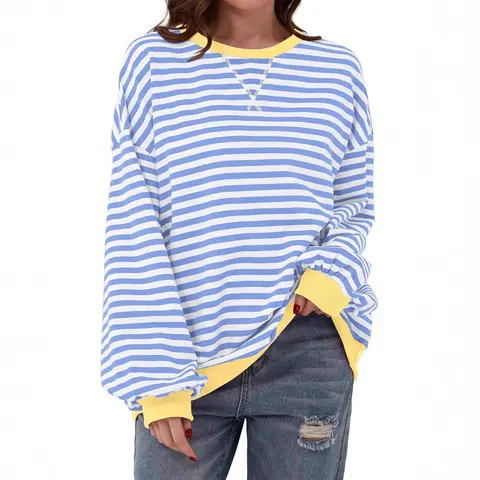 Women's Striped Long Sleeve T-Shirt Casual Color Block Crew Neck Pullover Top Loose Fit Oversized Sweatshirt Y2K Trendy Basic Tee Drop Shoulder Lightweight Spring Fall Fashion Comfy Lounge Wear Daily Outfit Cute Tops for Women