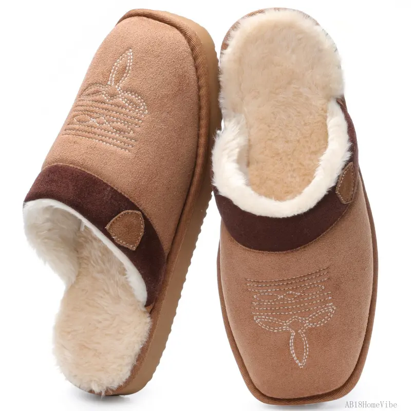 Men's Cowboy Boot Slippers - House Wear Shoe with Soft Faux Fur Liner, Durable Cotton Fabric, Flat Sole, Square Toe, Chestnut, Indoor/Outdoor Flat Footwear AB18HomeVibe