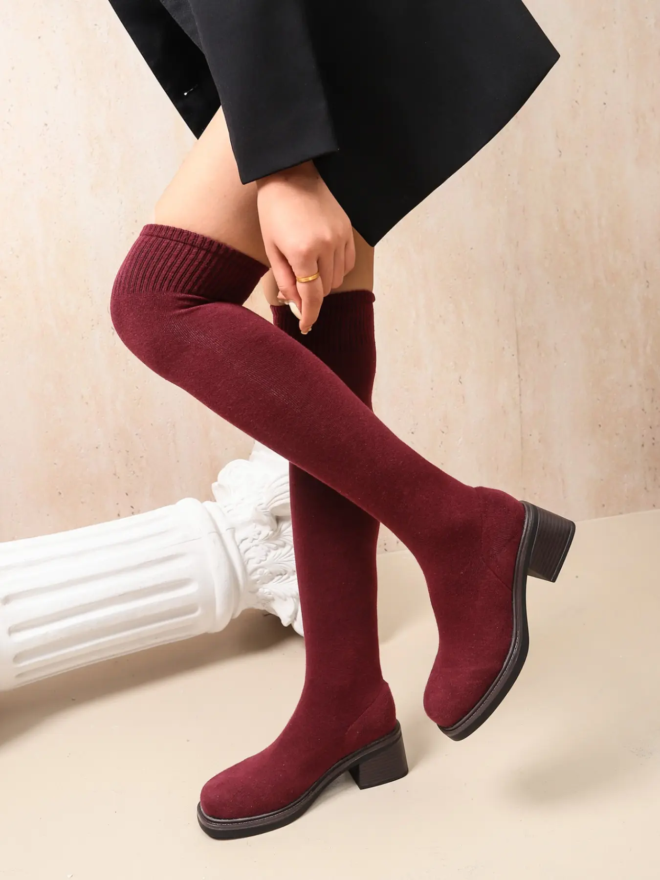 Women's Knit Over-The-Knee Booties, Thick Heel Round Toe Elastic Slim Boots, Vintage Patchwork Tall Boots, Spring & Fall Casual Style