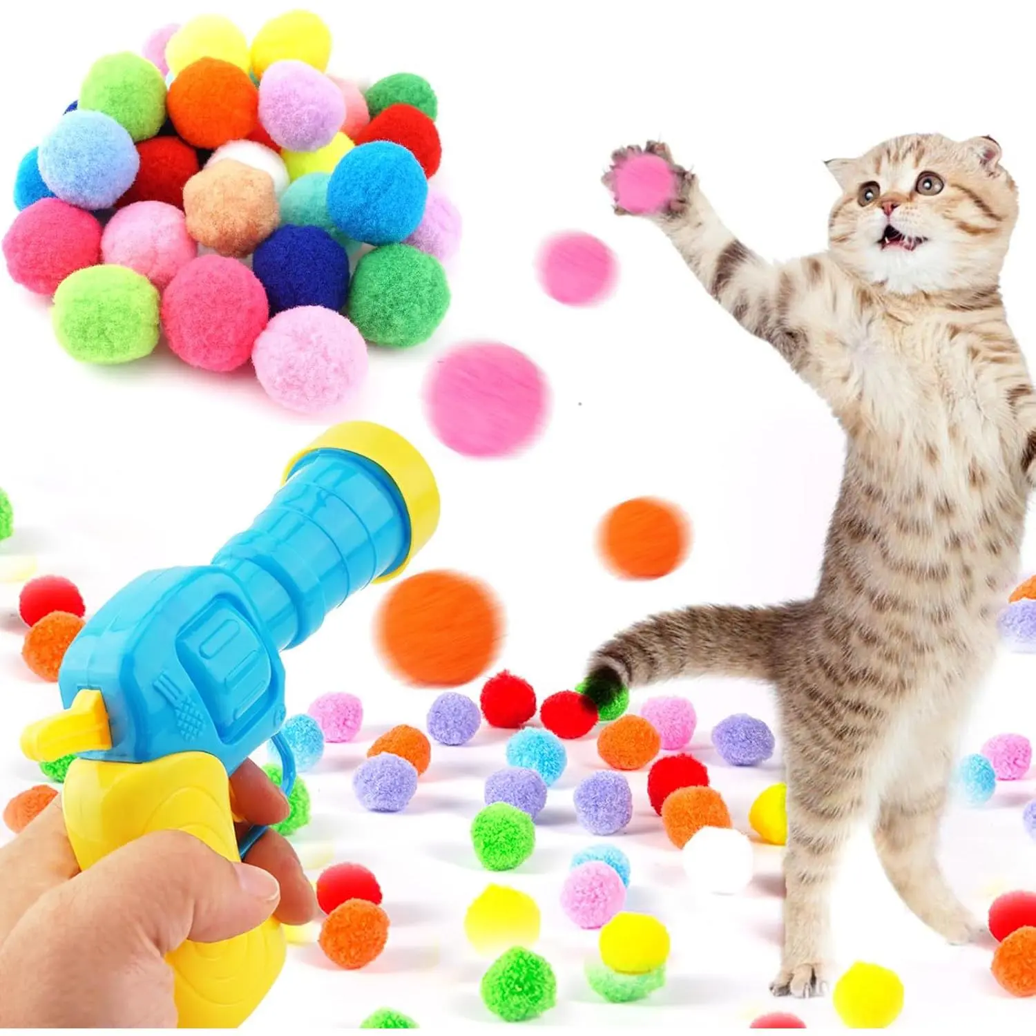Launcher,  Ball Launcher and 30 count   Balls,  Fetch   Shooter, Kitten Toys for Indoor, Plush Ball Shoot  for Kitty