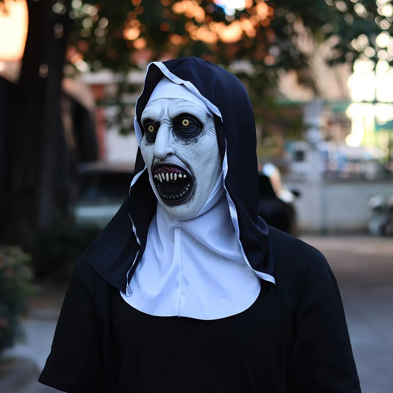 1pc Horror Sharp Tooth Nun Mask Headgear, Silicone Mask, Realistic Scary Halloween Costume, Perfect for Haunted House Escape Room, Cosplay Prank Tool