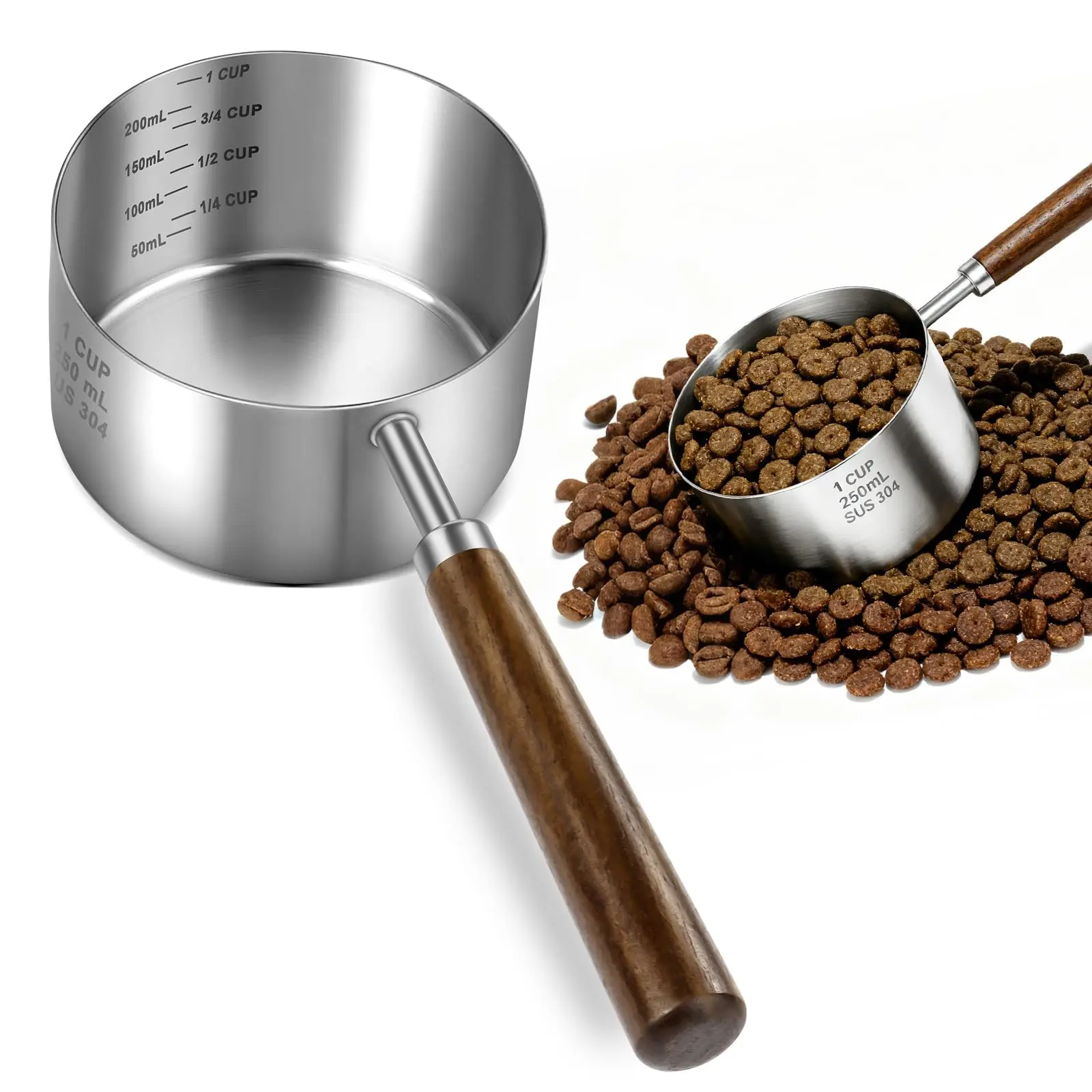 Stainless Steel Dog Food Scoop 1 Cup, Dog Food Measuring Cup With Measuring Lines (Cup/ML) & Long Wooden Handle, Metal Pet Food Scoop For Dogs, Cats and Kitchen Use, Dishwasher Safe