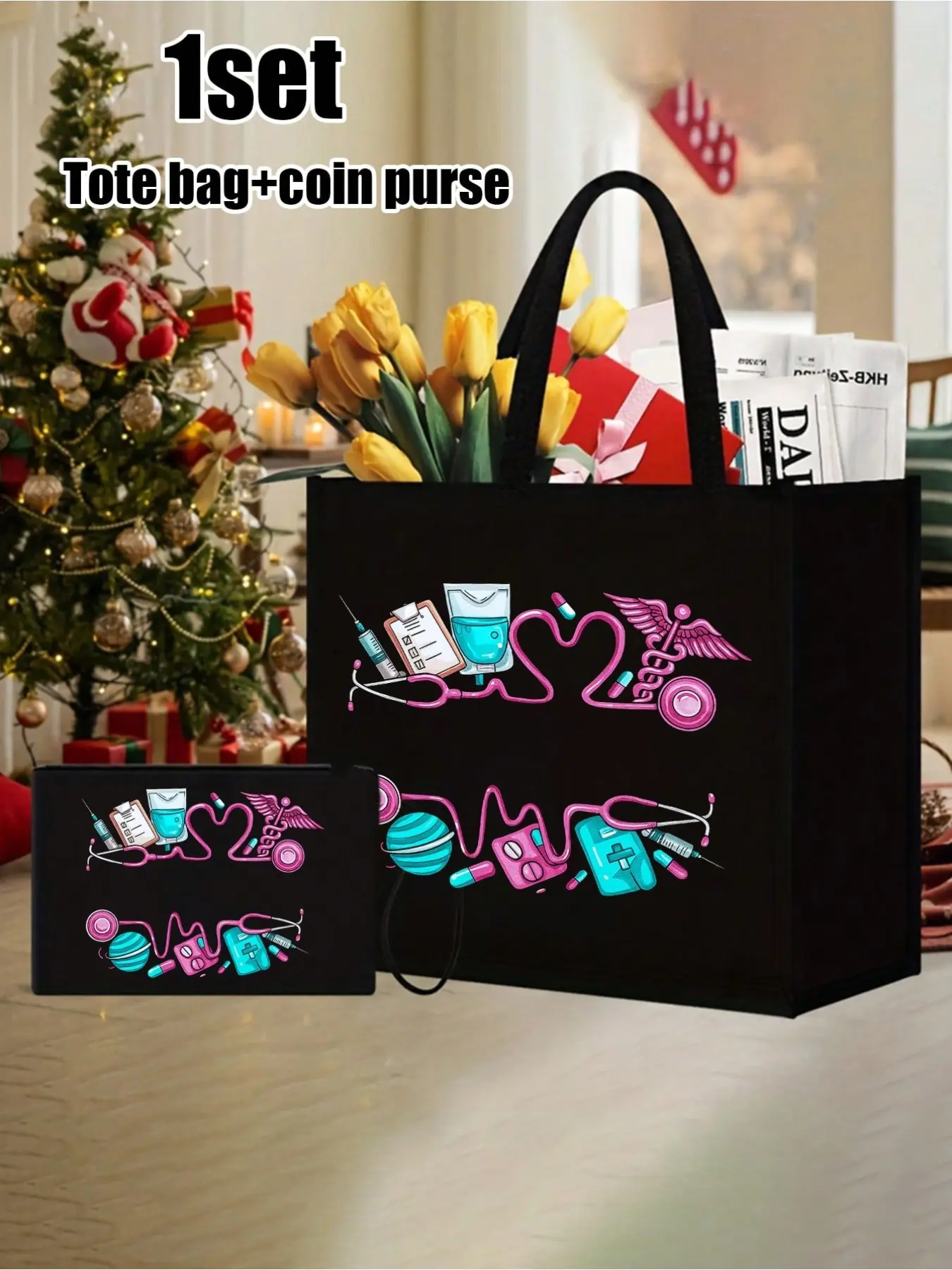 Medical Theme Handbag Set with Stethoscope and Heart Design, Durable Shoulder Strap, Ideal Gift for Nurses, Travel, Shopping, Christmas