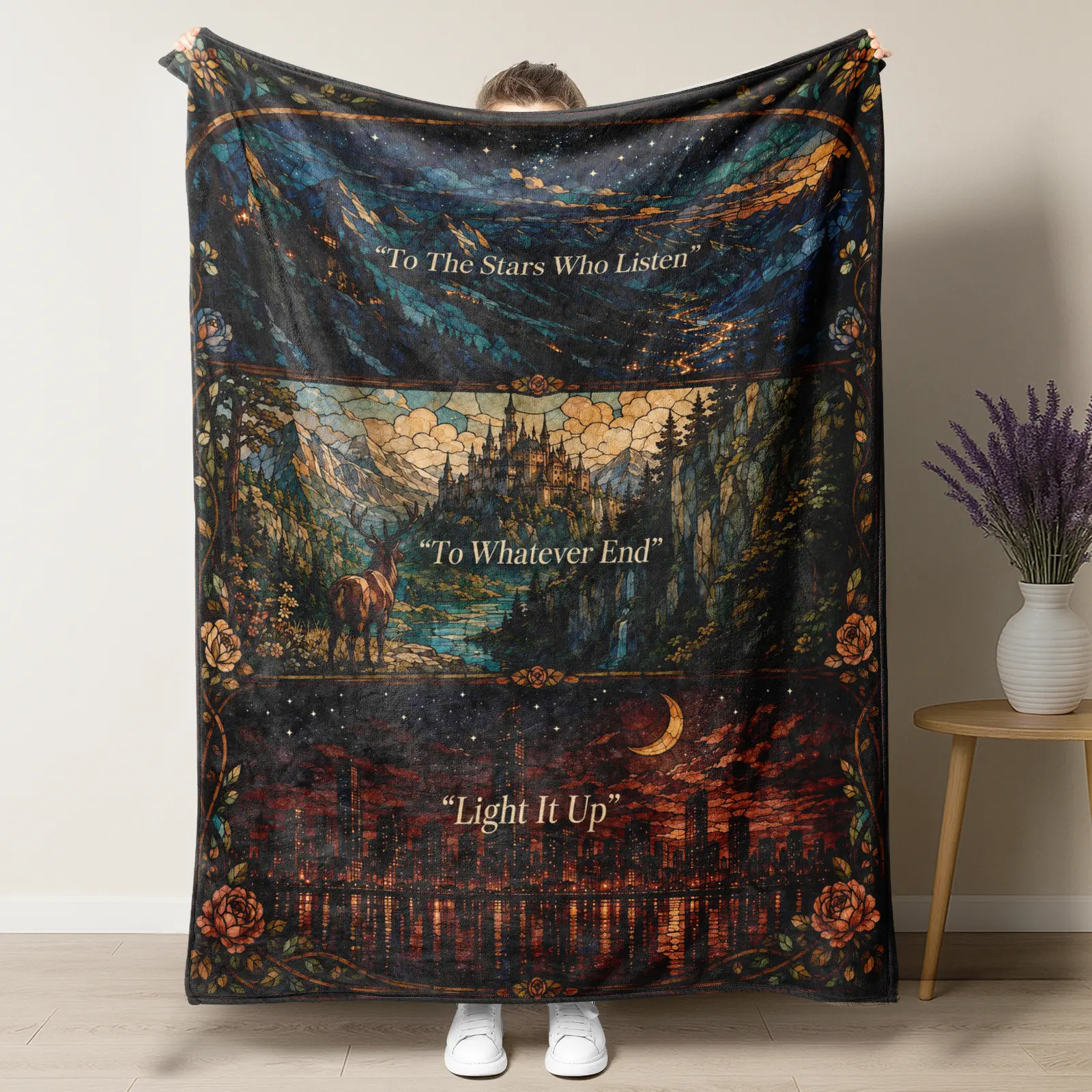 SJM Universe Mashup Throw Blanket - Bookish Gifts for Fantasy Readers - ACOTAR Throne of Glass Crescent City Merch - To The Stars Who Listen Quote Fleece Blanket