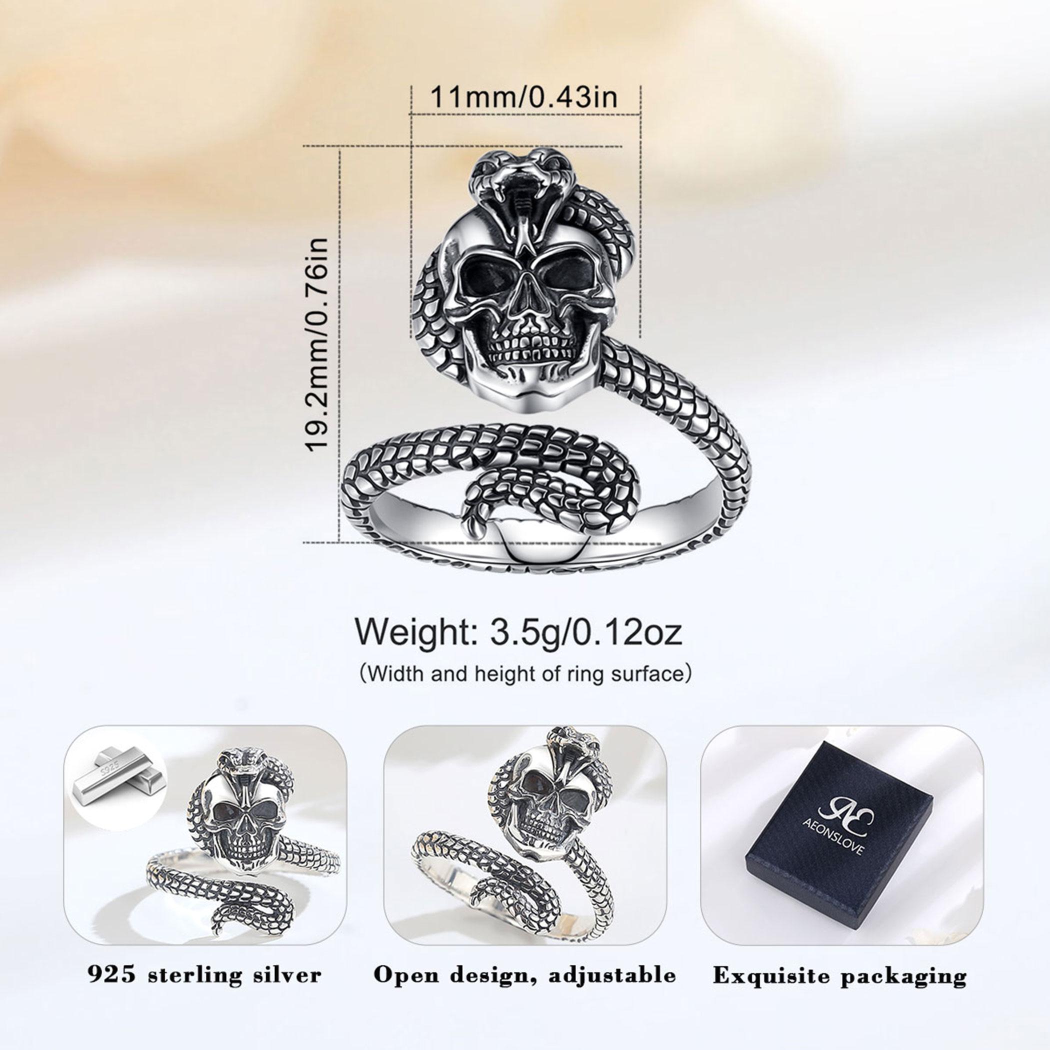 Eudora 925 Sterling Silver Skull Serpent Ring Adjustable Open Band Vintage Oxidized Snake Skeleton Gothic Punk Statement Jewelry for Men Women