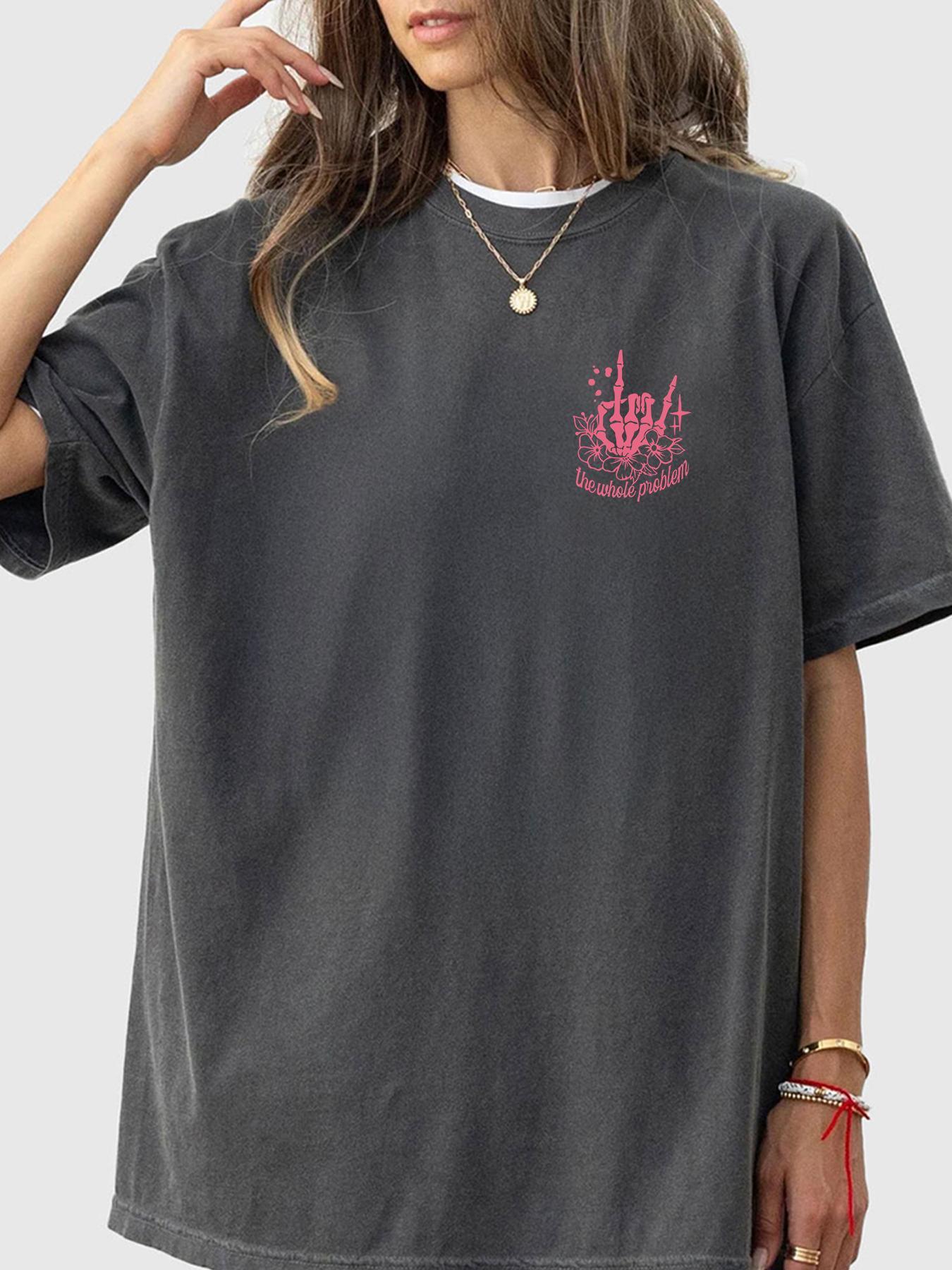 Women's "Don't Be a Pair of the Problem, Be the Whole Problem" Slogan Print Round Neck Tee, Women's Skull & Floral Print Round Neck Top, Fashion Streetwear Street Casual Graphic Short Sleeve T-Shirt for Daily Holiday Vacation Outdoor