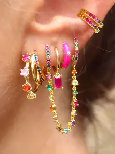 6Pcs Luxury 24K Gold Plated Drop Dangle Earrings Pack For Women Cubic Zirconia Chain Hoop Earrings Set Colorful Zircon Stud Earrings Stack Fashion Jewelry Gift
