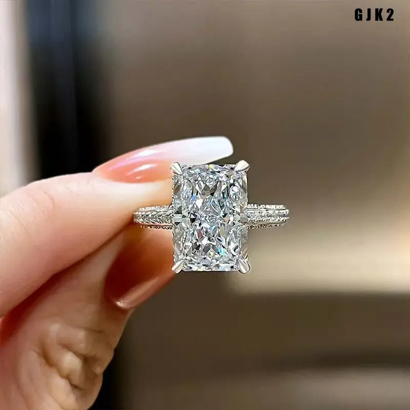 ``` Silver Plated Radiant Cut Cubic Zirconia Ring for Women, Large Rectangle Stone Pave Side Stones Band Ring, Sparkly Shiny Daily Party Fashion Statement Jewelry ```