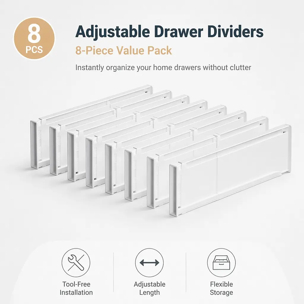 8 Piece Adjustable Drawer Divider Set, Tool-Free Expandable Storage Organizer, Fits Kitchen, Bedroom, Dressing Table, Closet