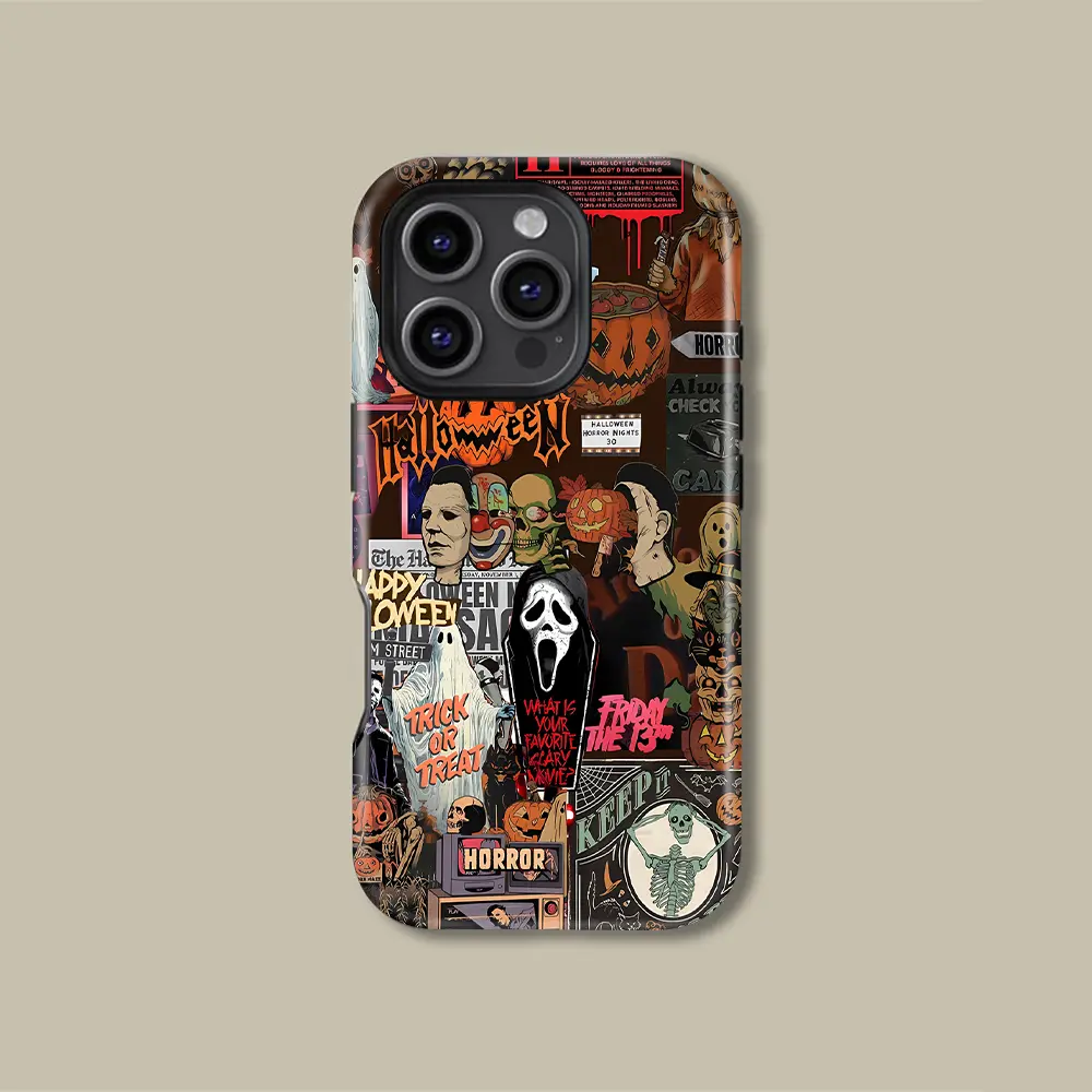 Halloween Horror Movie Collage Print Design phone cases, stylish, shockproof, and sturdy 2-in-1 protective case, compatible with iPhone 17/16/15/14/13/12/11 Pro Max Pro Plus and Samsung Galaxy S23/S24/S25/S26 Ultra, making it a great gift.