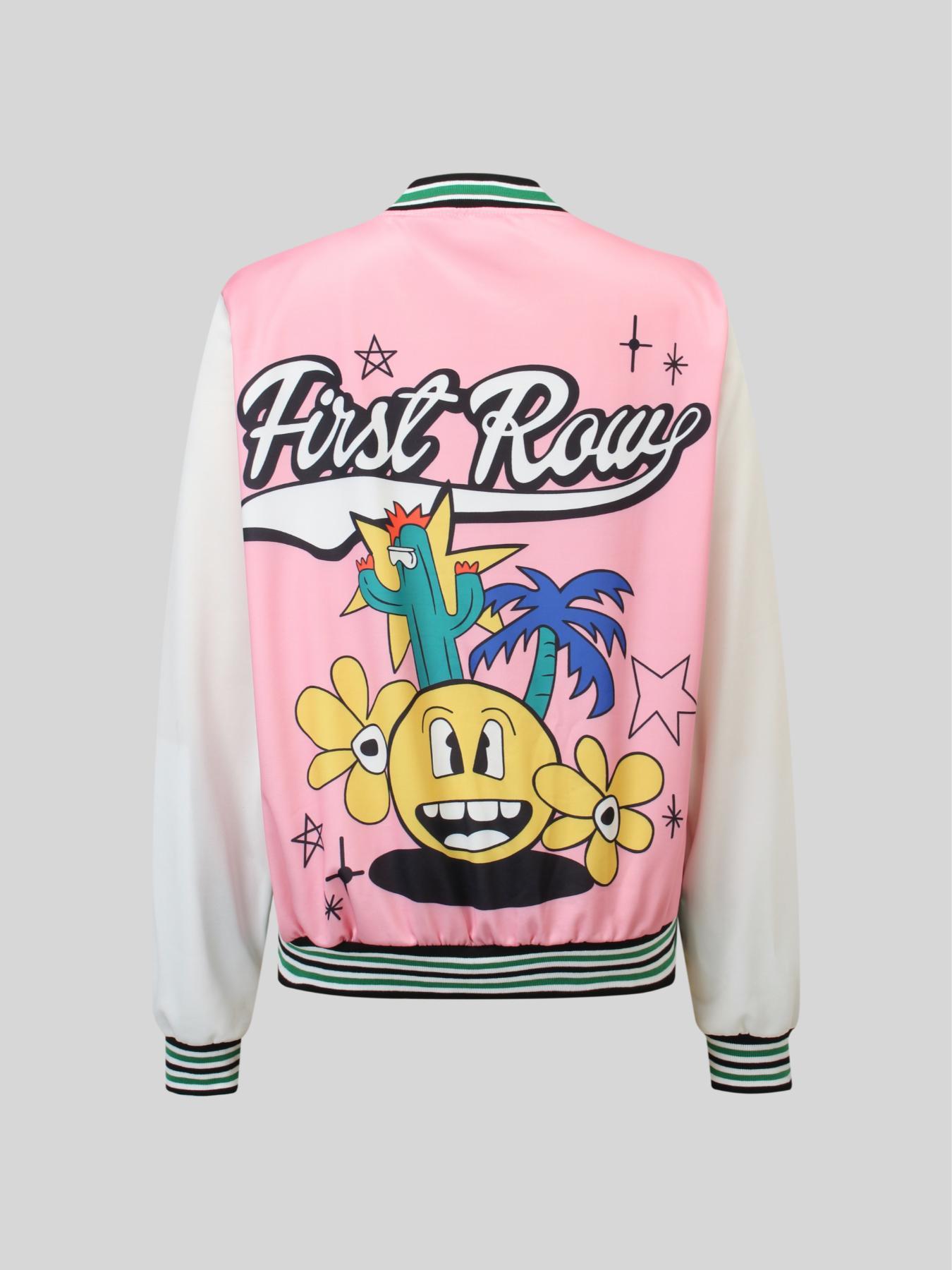 【 Faith Devine Collection 】 Plus Size Colorblock Letter & Cartoon Print Varsity Sports Jacket, Casual Button Front Long Sleeves Bomber Jacket, Jacket for Fall and Winter 2024, Women's Clothing, Downtown Girl Clothes