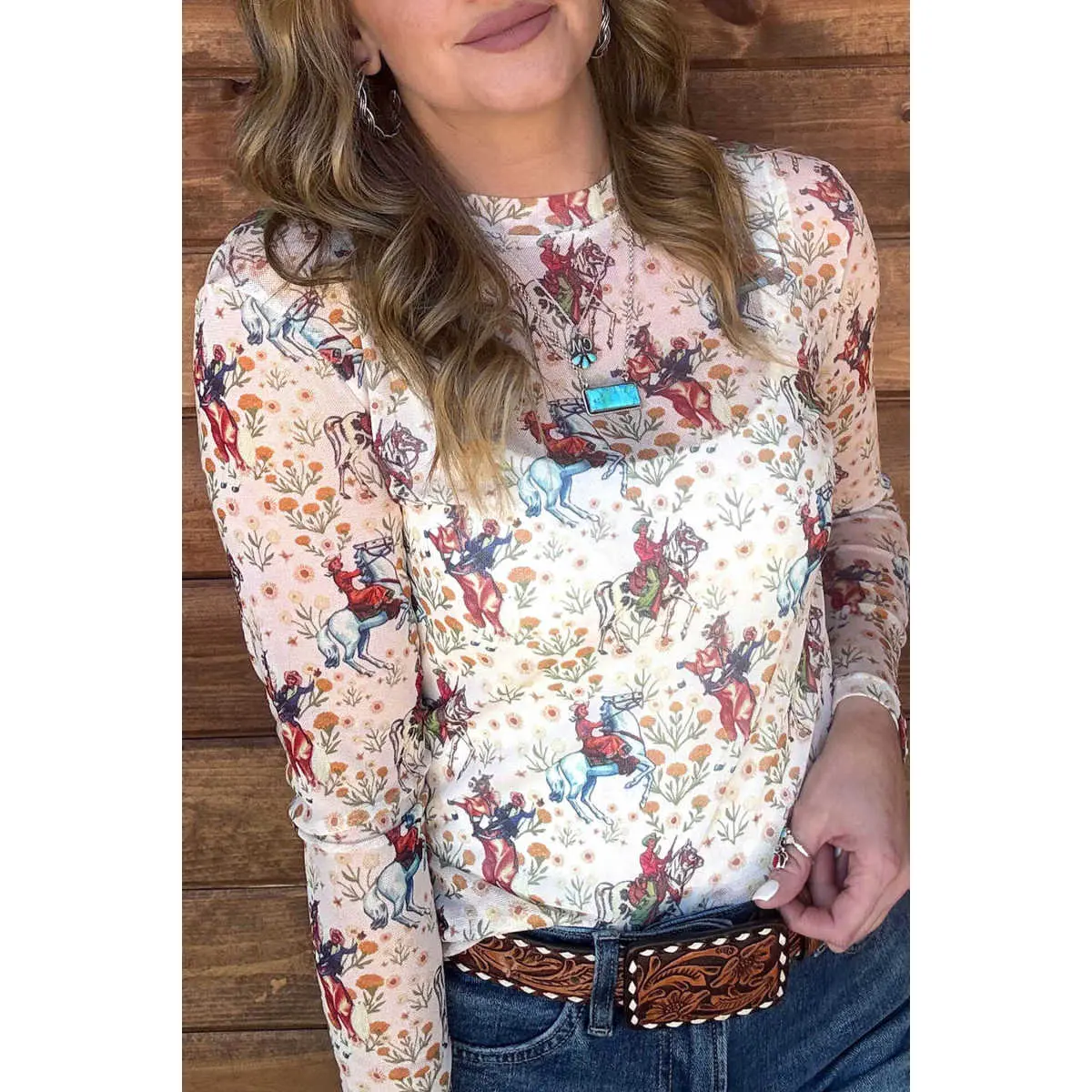 Beige Western Cowboy Floral Print Sheer Mesh Long Sleeve Top