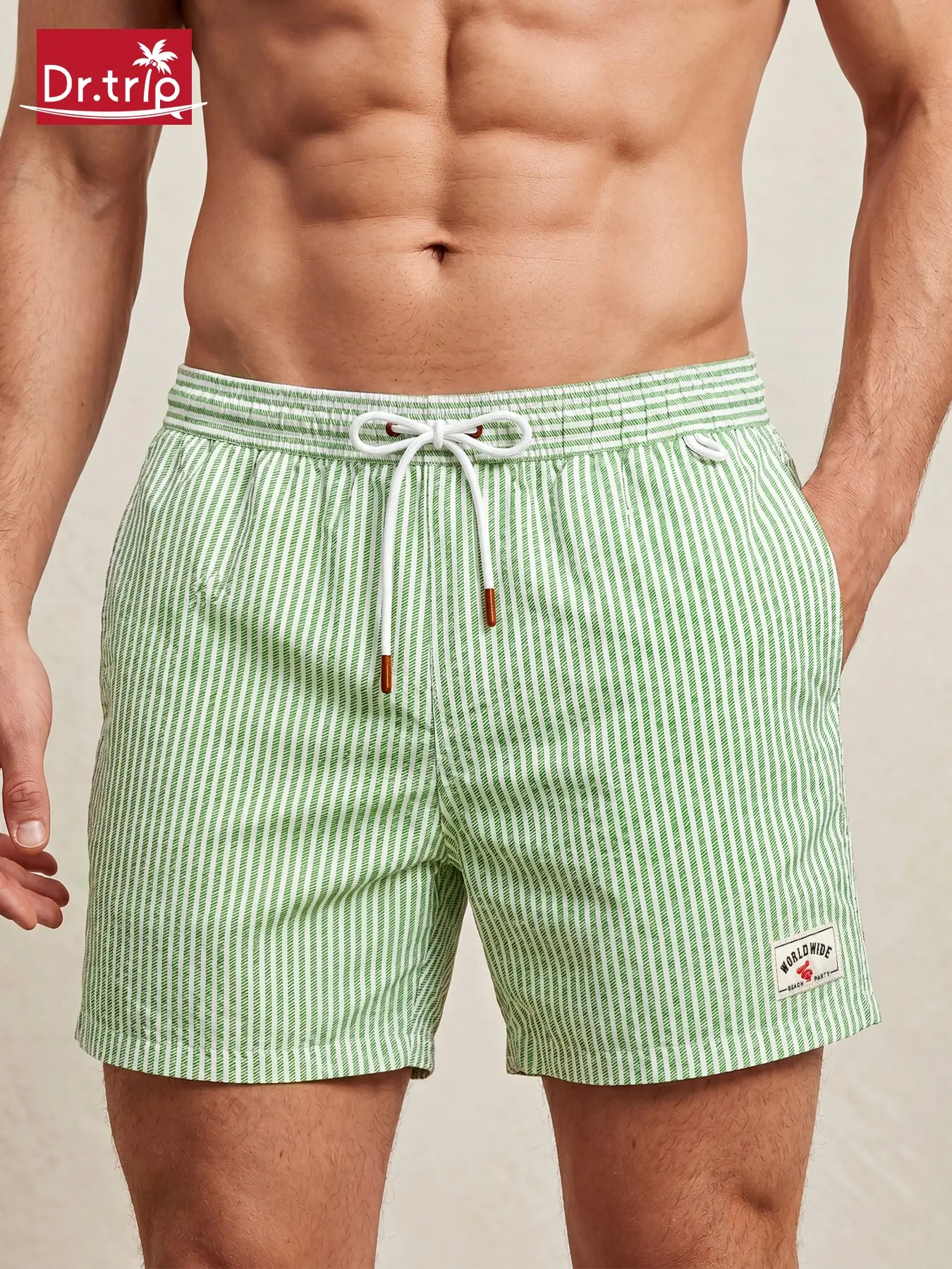 Men's Beach Shorts, Bubble Mesh Fabric, Classic Stripes, Loose Fit, Natural Waist, Drawstring Waist, Casual Style, Light
