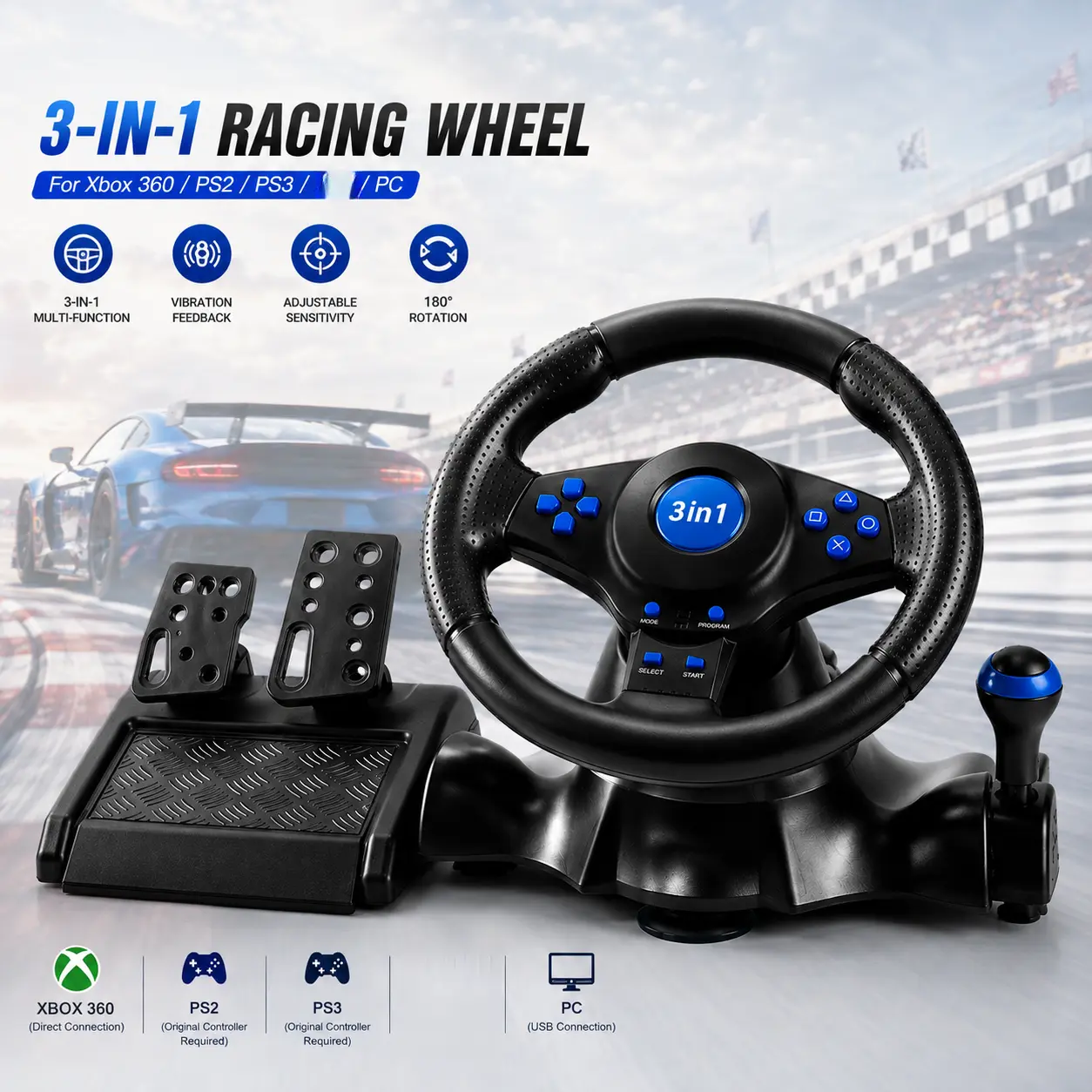 Gaming Steering Wheel Controller with Grips, Adjustable USB Racing Wheel Compatible with Xbox 360, PS2, PS3 & PC