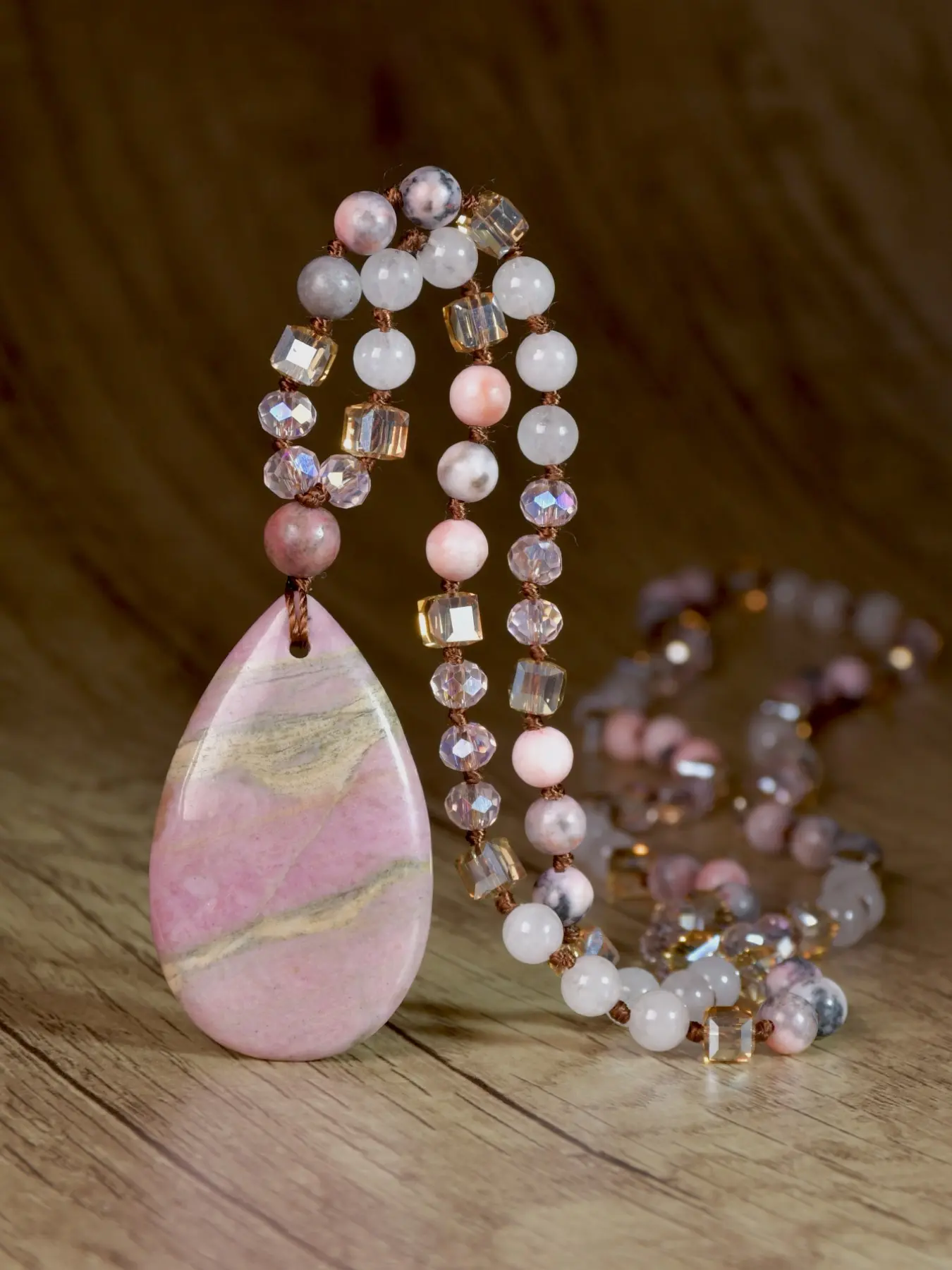 Boho Rhodochrosite Teardrop Pendant Necklace, Handmade Braided Natural Stone Long Necklace, Energy Balancing Meditation Jewelry, Thanksgiving Gift