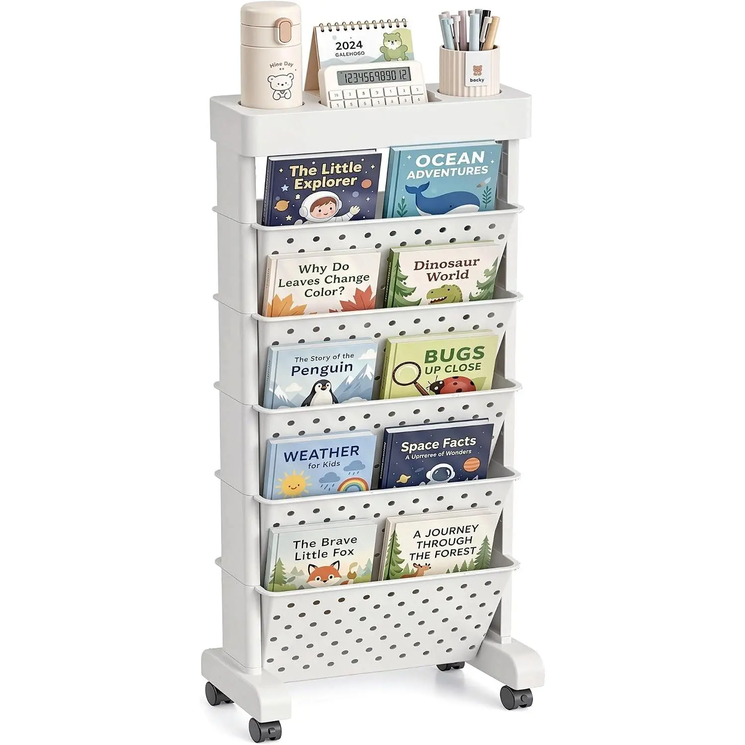 6-Tier Rolling Bookshelf Cart, White | Movable with Wheels, File Paper Storage Organizer, For  Office Study Classroom