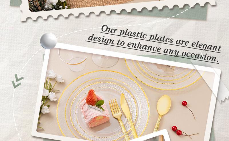 Clear Plastic Plates with Gold Trim 350PCS Disposable Dinnerware Set for 50 Guests Includes 100 Plates 50 Pre Rolled Napkins Gold Silverware & 50 Cups Perfect for Party Wedding