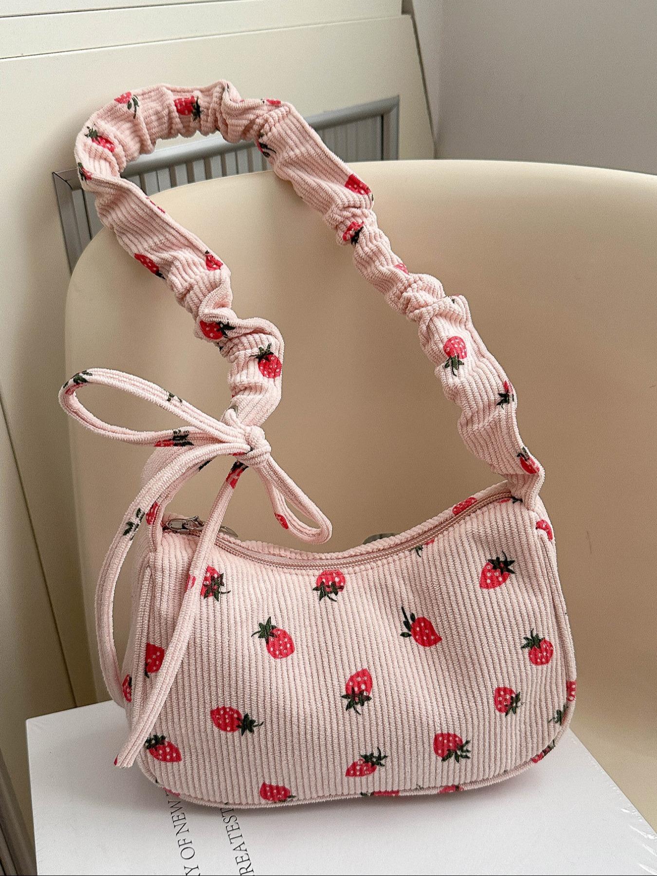 Cute Strawberry Print Underarm Bag, Drawstring Design, Soft Casual Fruit Pattern Shoulder Clutch, Versatile Handbag for Women