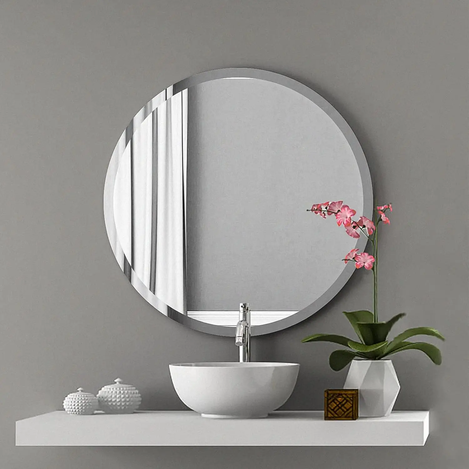 Frameless Round Mirror 24 Inch, Round Mirror with 1 inch Beveled , Beveled Bathroom Mirrors for , Living Room, Entryways