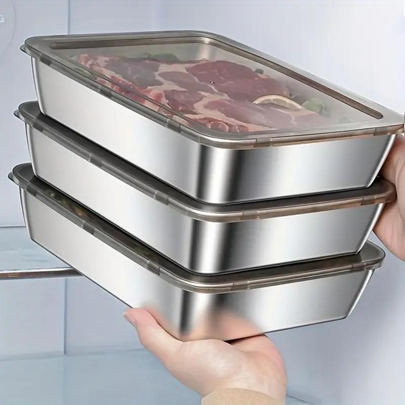 Stainless Steel Food Storage Box, 2/3 Counts High Capacity Container, Durable Food Storage Tray Container with Lid, Kitchen Storage Organizer for Meat, Vegetable, Fruit, Preserving Containers