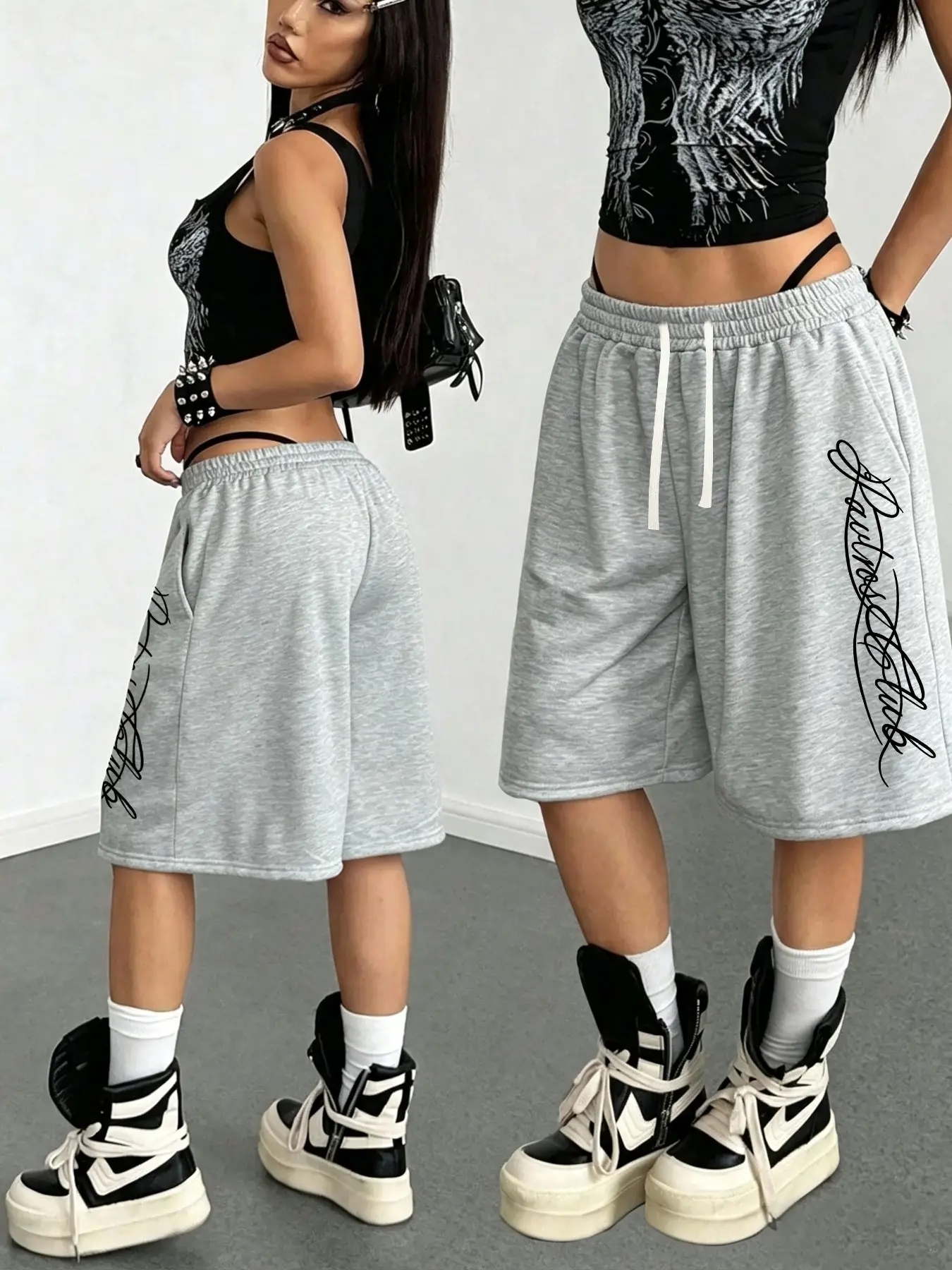 Women Cursive Handwritten Letter Print Baggy Sweat Shorts Y2K Elastic Drawstring Knee‑Length Loose Casual Streetwear Shorts With Side Pockets #StreetwearShorts #Y2KShorts #AestheticOutfit Y2K Women Cursive Letter Print Sweat Shorts Elastic Drawstring Bagg