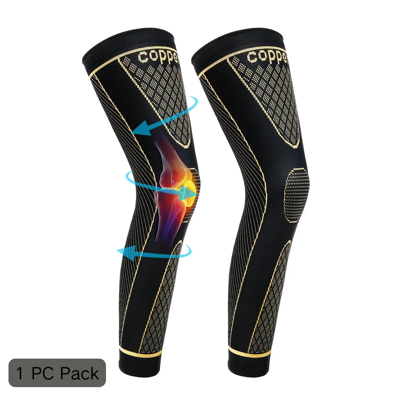1 Piece Full Leg Compression Sleeve, Copper Fiber Knee Support, Non-Slip Compression Sock, Thigh Knee Calf Support, 20-30mmHg Graduated Compression, Men Women Sports Gear