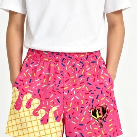 Colorful Candy Ice Cream Print Casual, Boy Elastic Waist Summer Beach Pocket Shorts, Slim-Fitting Short Pants, Casual Graphic Shorts