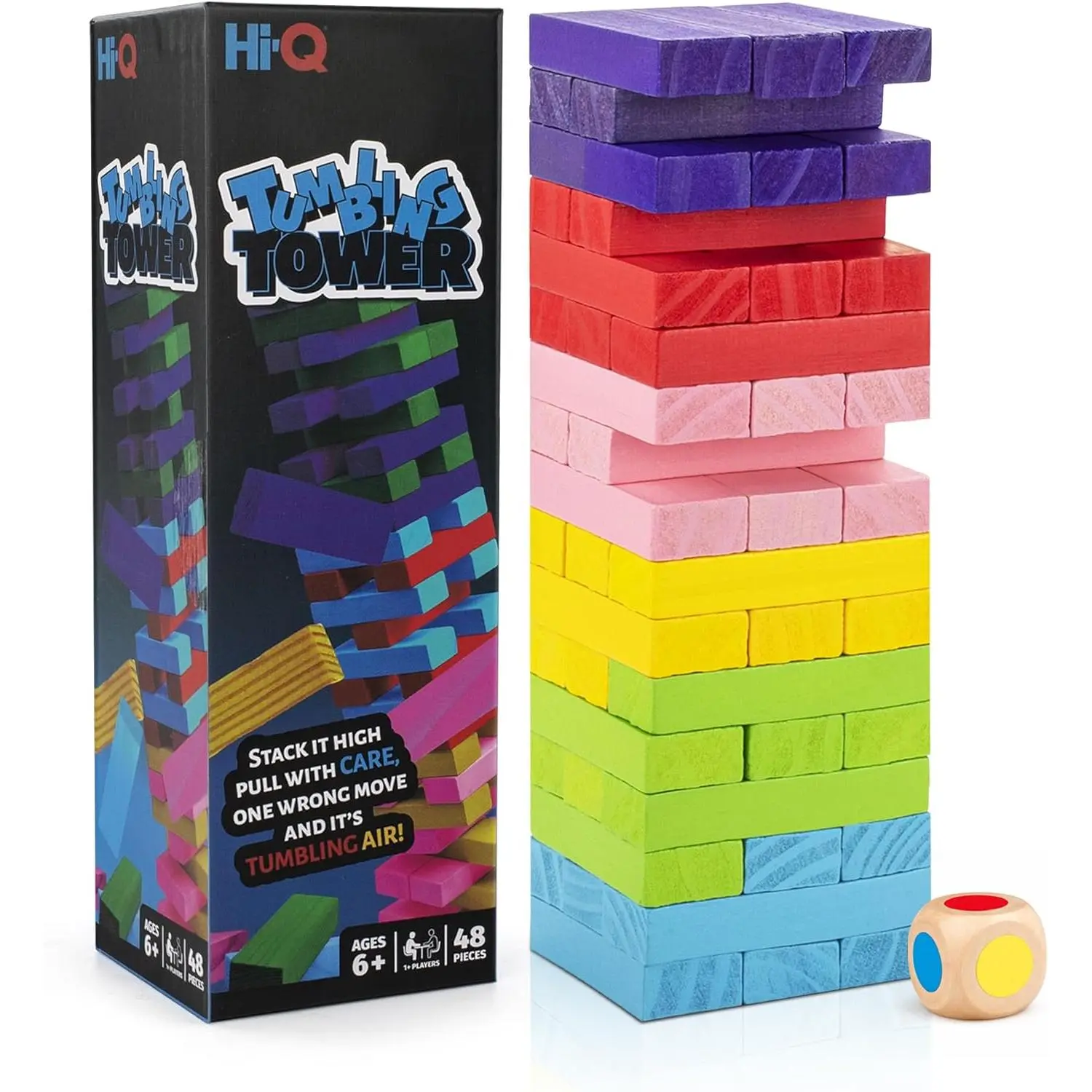 Tumbling Tower Color Stack Game, Blocks with Dice – 48-Piece Wooden Stacking – Color Match Balance Tower Game for Kids & Adults, Family Party Stack Tower Game