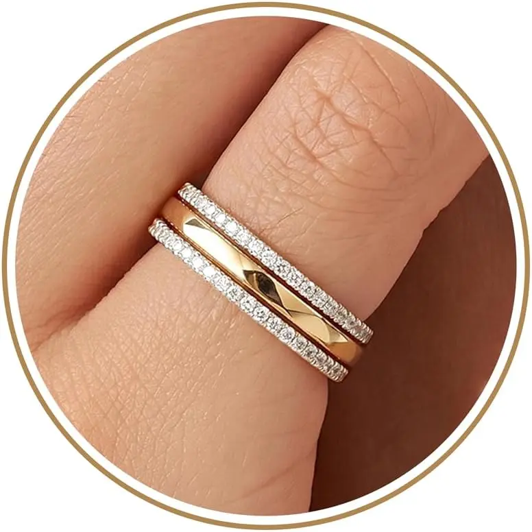Purplepig Stackable Rings for Women Non Tarnish, Two Tone Mixed Metal Dainty Eternity Band Set, 14K Gold & Sterling Silver Plated Cubic Zirconia Hypoallergenic Wedding Thumb Pinky Rings Sizes 4-11