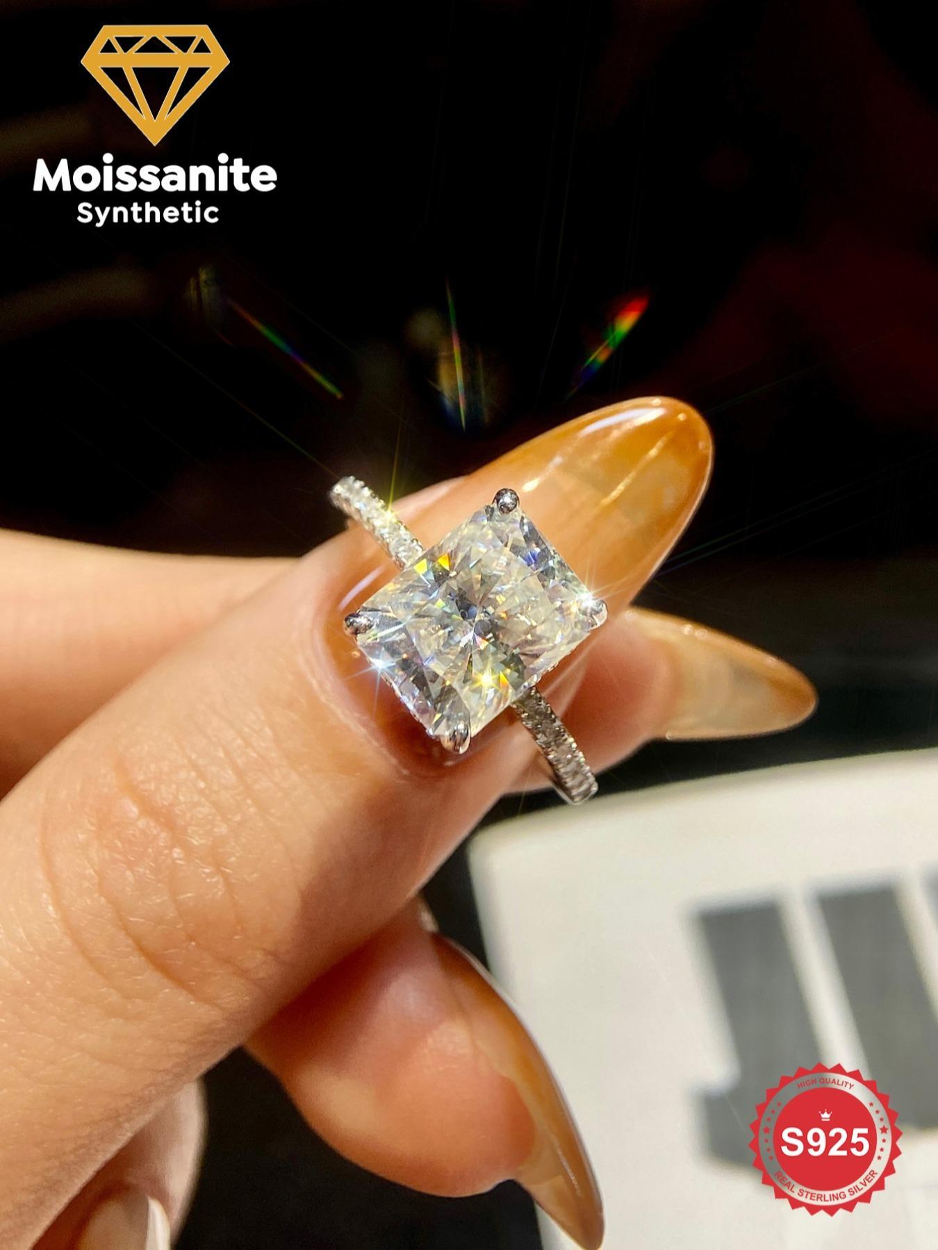 S925 Sterling Silver Synthetic Moissanite Engagement Ring,  Rectangle Shaped Ring, Fine Jewelry for Women, Anniversary Gift