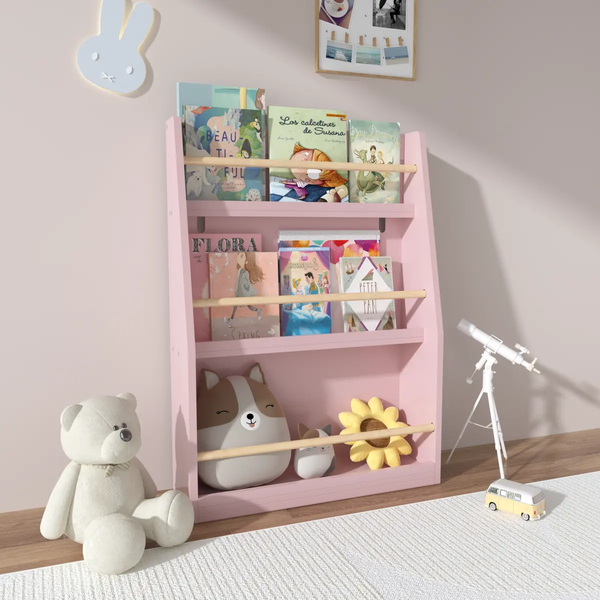 Pink 3-Tier Kids Book Shelf with MDF + Pine Construction - Single Layer Design Home Organizer for Bedroom, Playroom Storage Rack