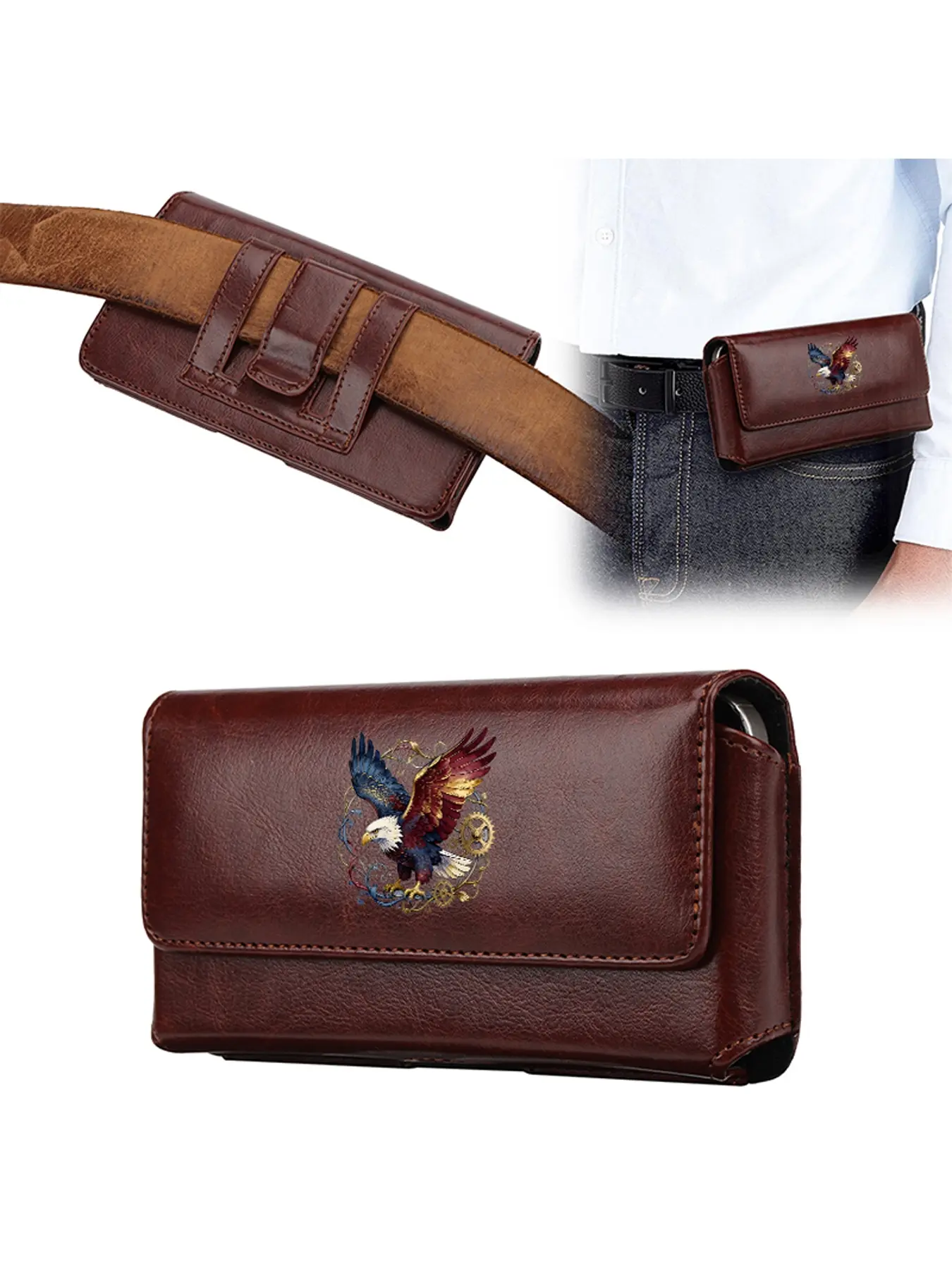 Men's retro steampunk style mobile waist bag, Waist pack - decorated with eagle and mechanical gear patterns, 2D flat printing, men's outdoor mobile phone storage waist bag, compatible with multiple phone models, birthday gifts, Christmas gifts