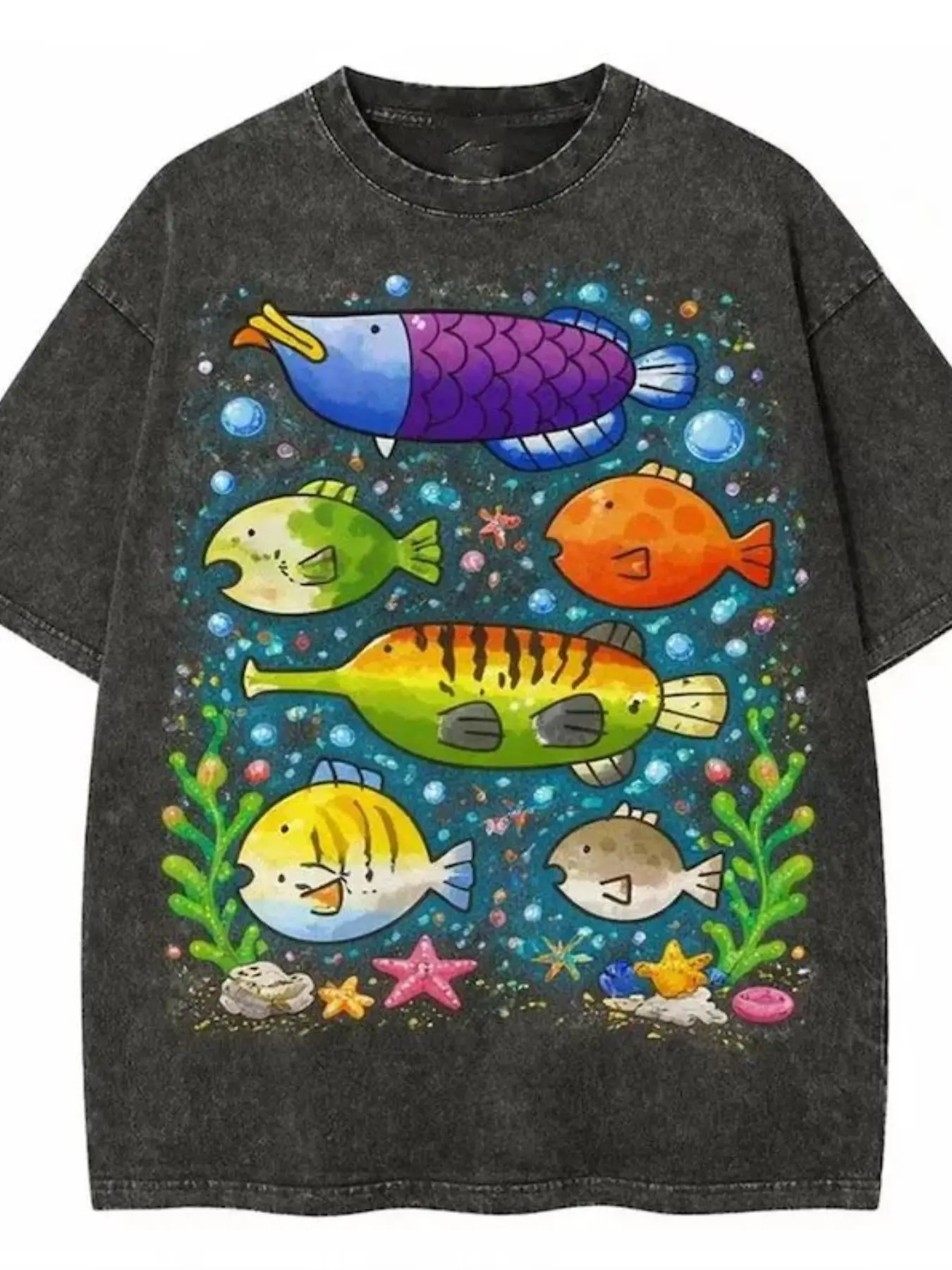 Vintage Washed Fashion Aquarium Marine Life Print T-Shirt, Loose Fit Retro Street Style Unisex T-Shirt, Short Sleeve Summer Top