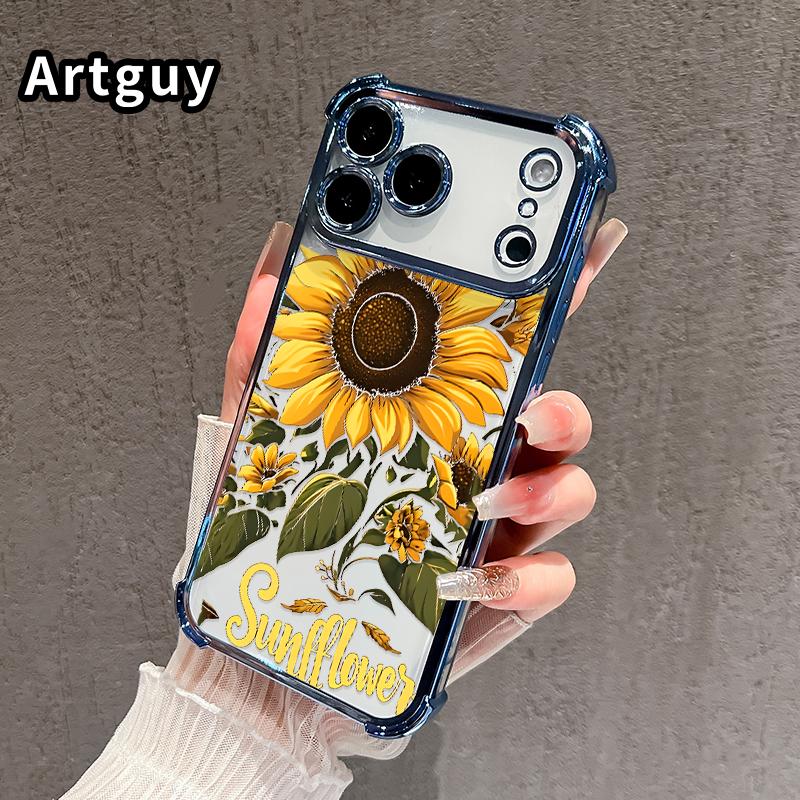 Compatible with iPhone 17 Pro Max 16 15 Plus Air 14 13 12 11 E Phone Case Sunflower Field Four-Corner Drop-Resistant Electroplated Transparent TPU Soft Protective Cover Gift