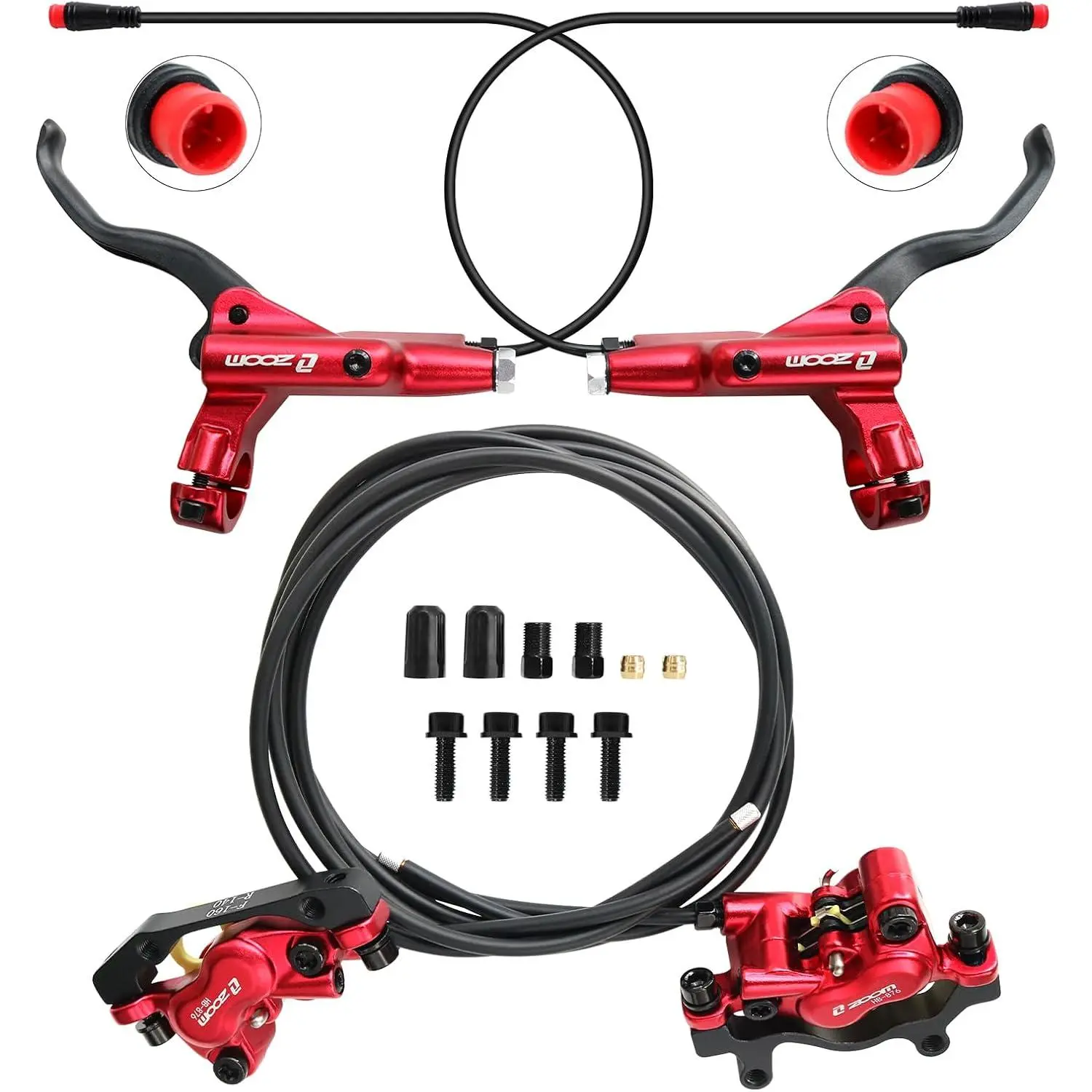 Zoom HB876E Hydraulic Disc Brakes Set 4-Pistons E- Electric Power-OffHydraulic  Set for eBike, Mountain , Road  (Red)