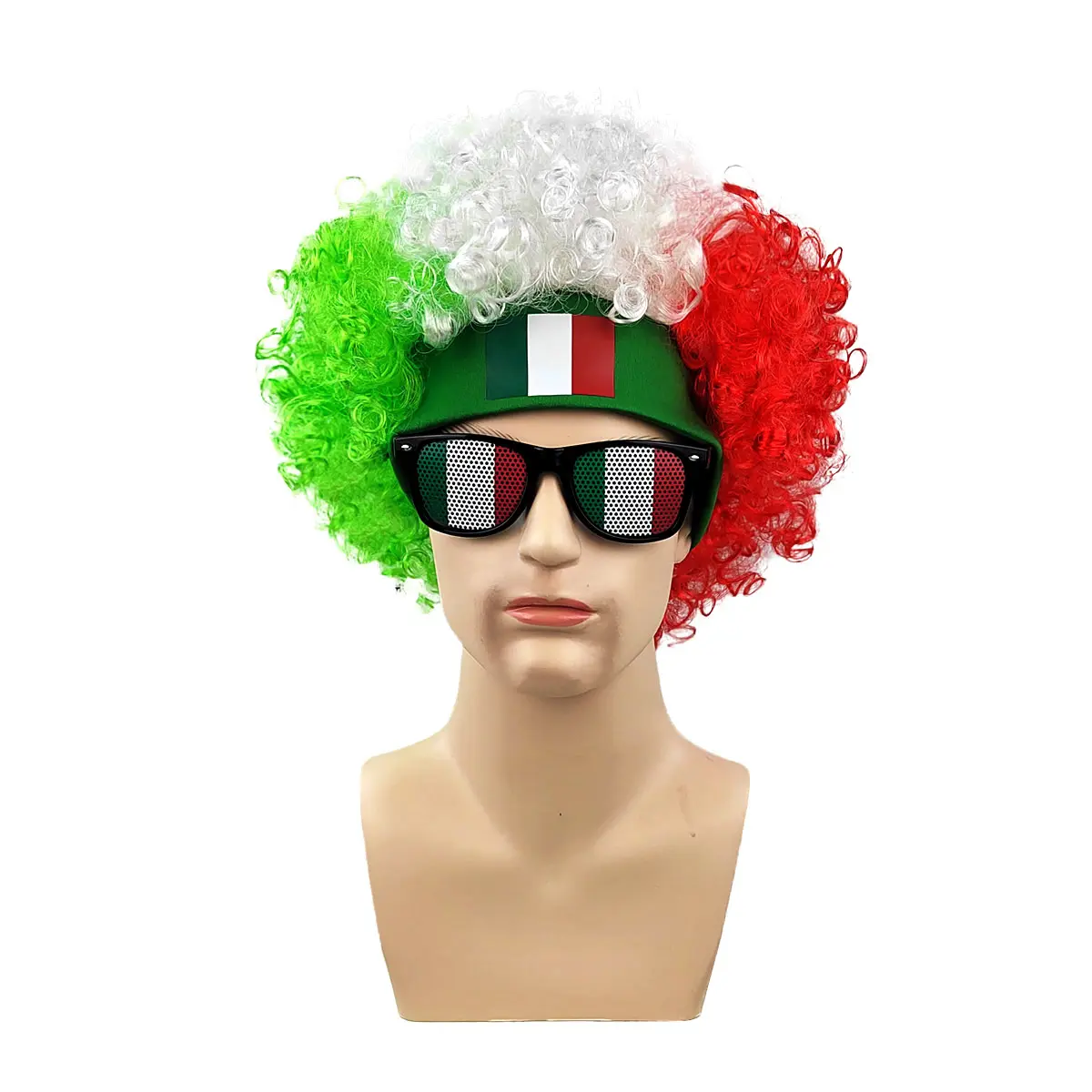 Italy Flag Green White Red Curly Afro Wig And Tricolor Sunglasses Set, National Patriotic Fan Costume Accessory, Victory Celebration Gift For Football Game National Day Fan Parade And National Team Support Outfit