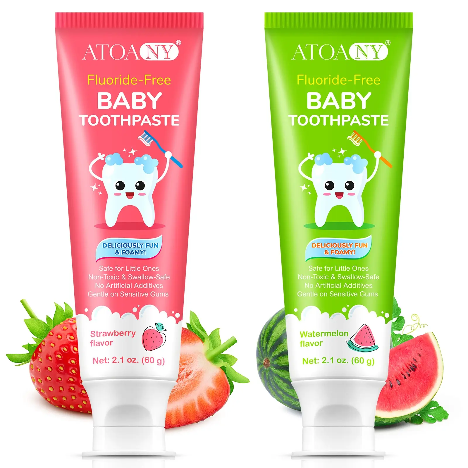 Atoany Fluoride-Free Toothpaste 60g, Strawberry & Watermelon Flavor, Suitable for Kids Aged 2+, Gentle & Non-Irritating
