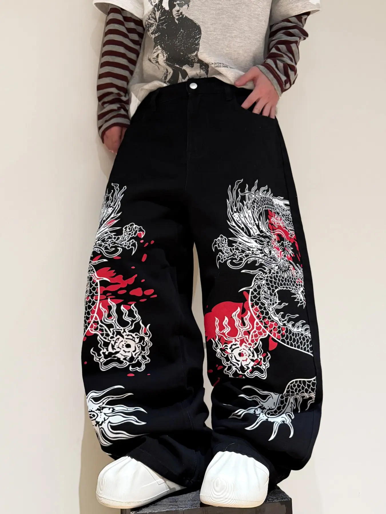 Men's Loose Jeans, Y2K Street Style Dragon Print, Comfortable & Fashionable, All Seasons, Multiple Sizes Available, Pants, Streetwear, Menswear