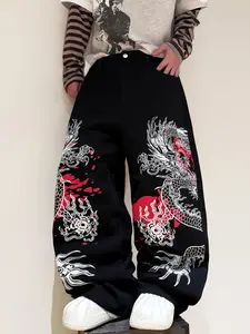 Men's Loose Jeans, Y2K Street Style Dragon Print, Comfortable & Fashionable, All Seasons, Multiple Sizes Available, Pants, Streetwear, Menswear